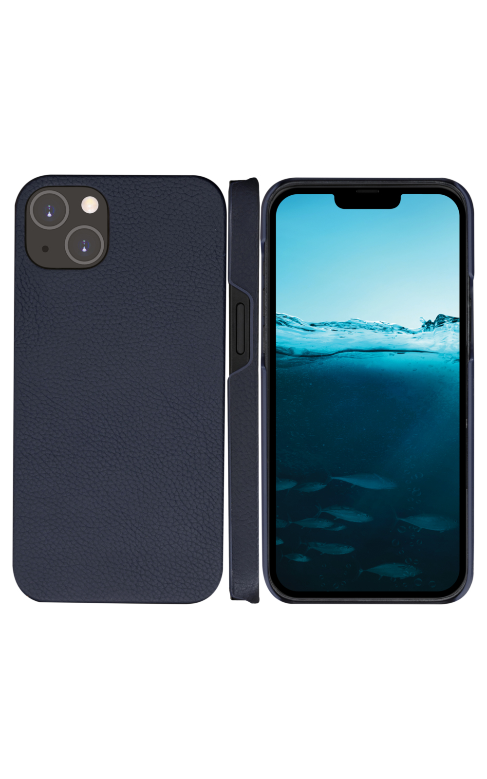 Custodia blu navy con tre lenti. Lo schermo mostra una scena sottomarina con pesci.