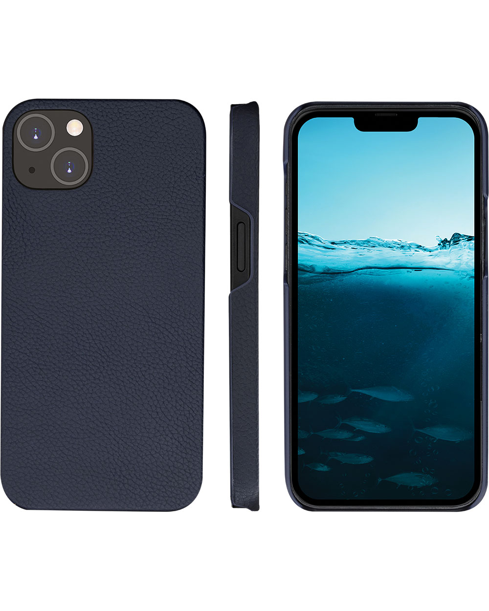 Tre viste di una custodia blu navy e un telefono. Il telefono mostra una scena acquatica con pesci.