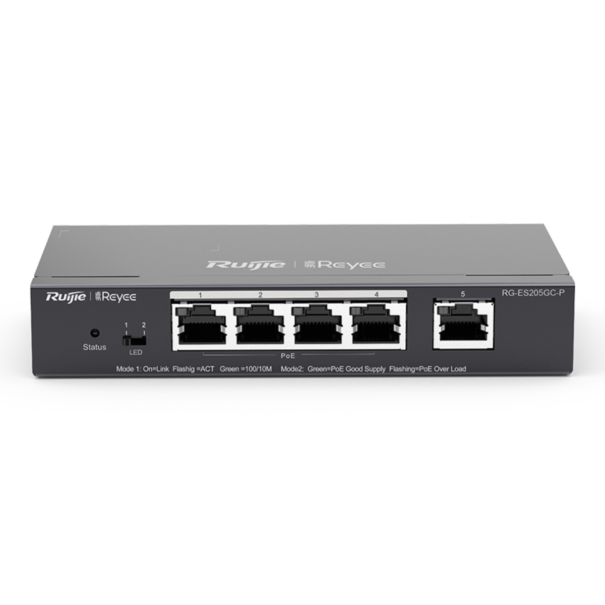 Uno switch di rete grigio con porte RJ45. Ha indicatori LED ed etichette di testo. Il marchio è Ruijie Reyee.