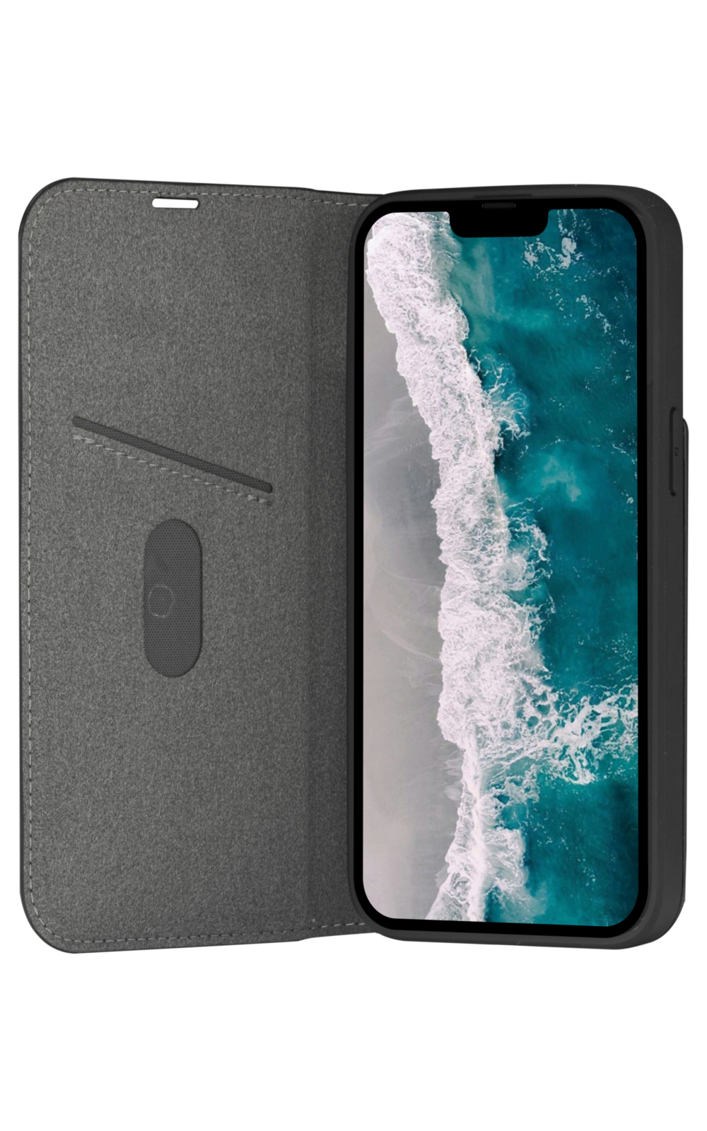 Telefono in custodia grigia, aperto per rivelare una scena di spiaggia sullo schermo. La custodia ha uno slot.
