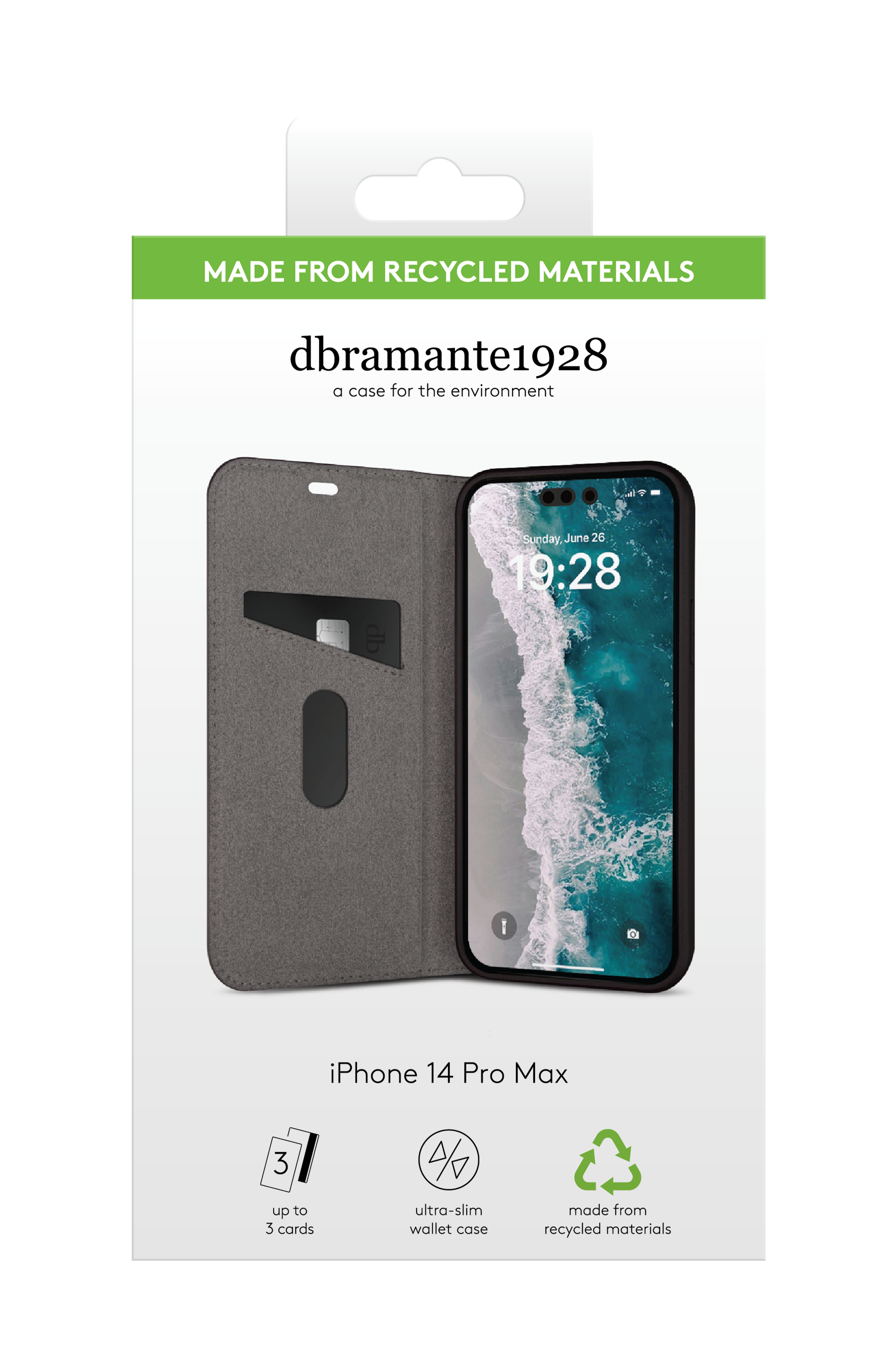 Una custodia per iPhone 14 Pro Max. Ha uno slot per carte e lo schermo mostra l'ora. Realizzata con materiali riciclati.