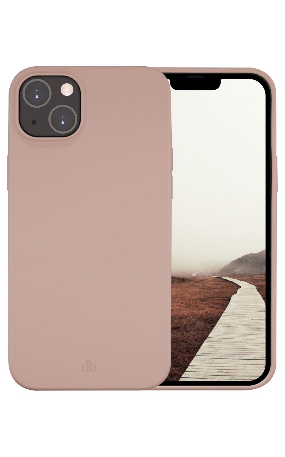 Un telefono in una custodia rosa, con uno schermo che mostra un sentiero di legno attraverso un paesaggio con cielo nebbioso.