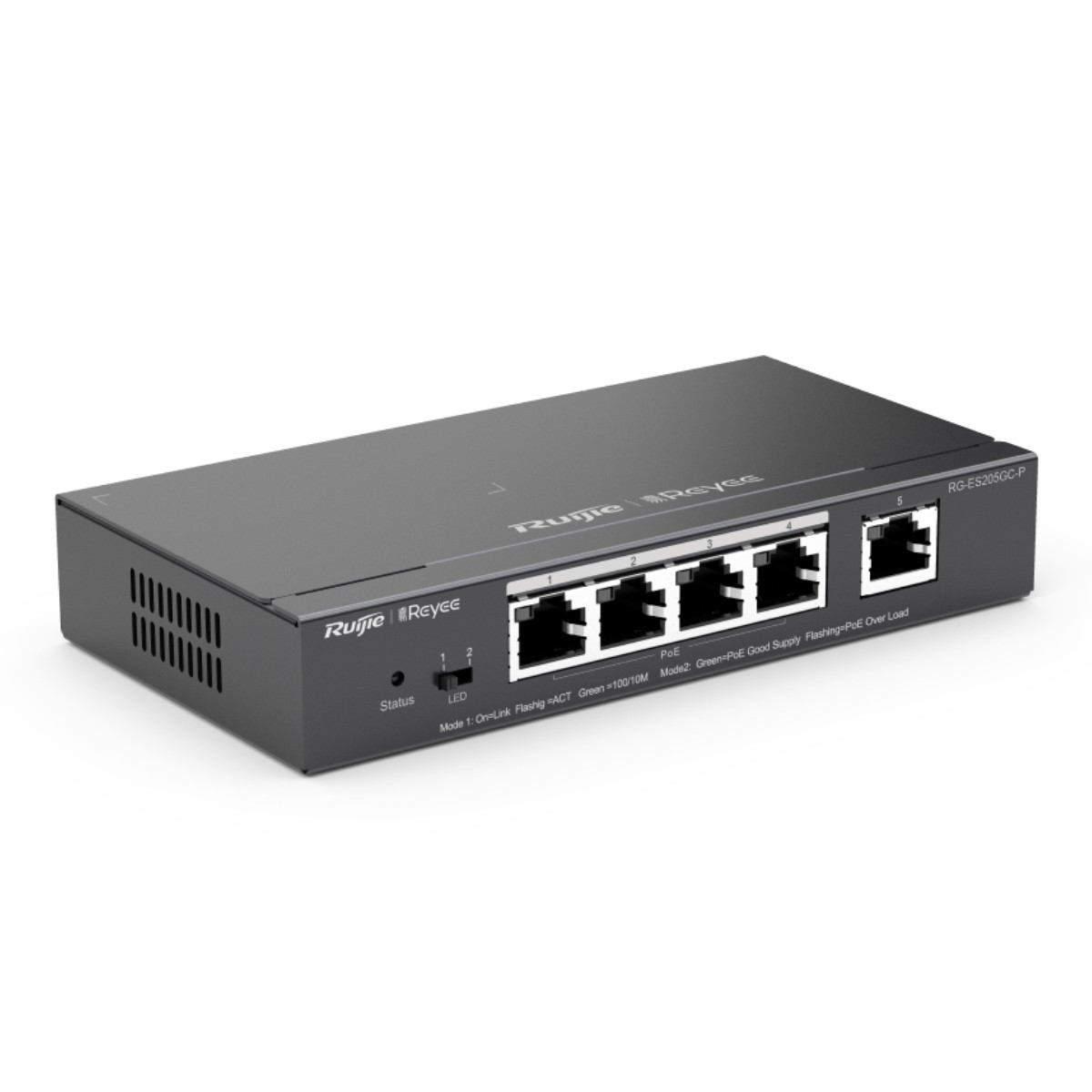Uno switch di rete nero, marca 'Ruijie Reyee', con cinque porte Ethernet. Dispone di indicatori LED ed etichette per le funzioni di stato e PoE.