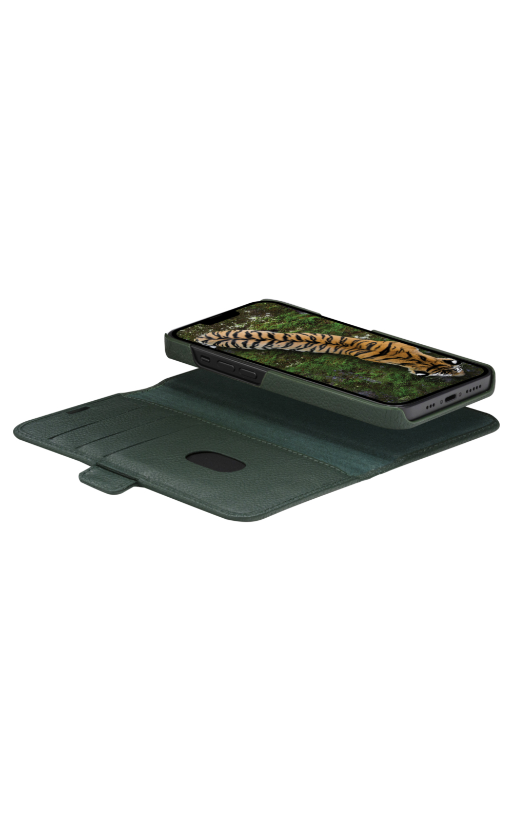 Una custodia verde con un telefono che mostra un'immagine di tigre. La custodia è aperta.