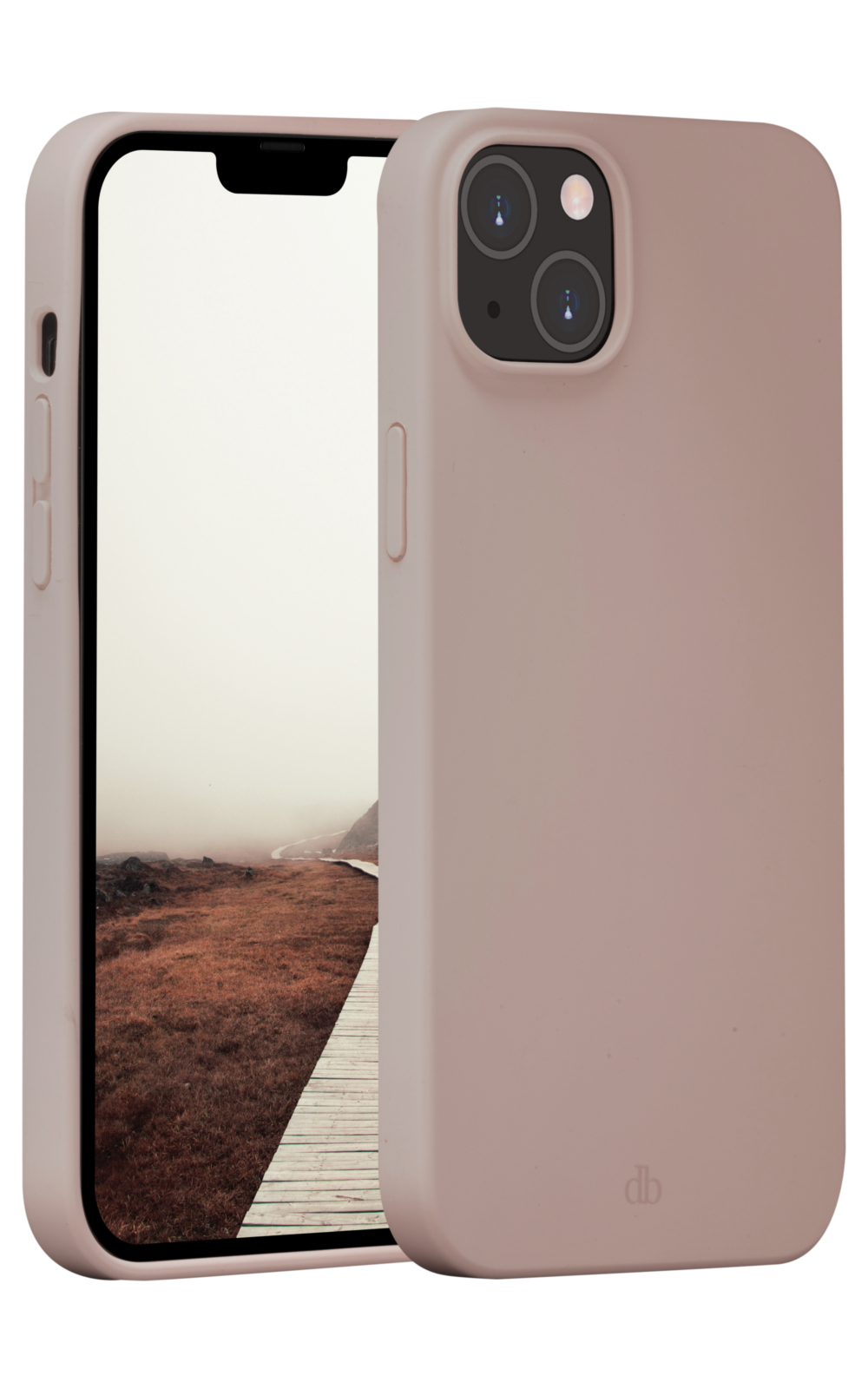 Un telefono in una custodia rosa. Lo schermo mostra un paesaggio con un sentiero di legno.