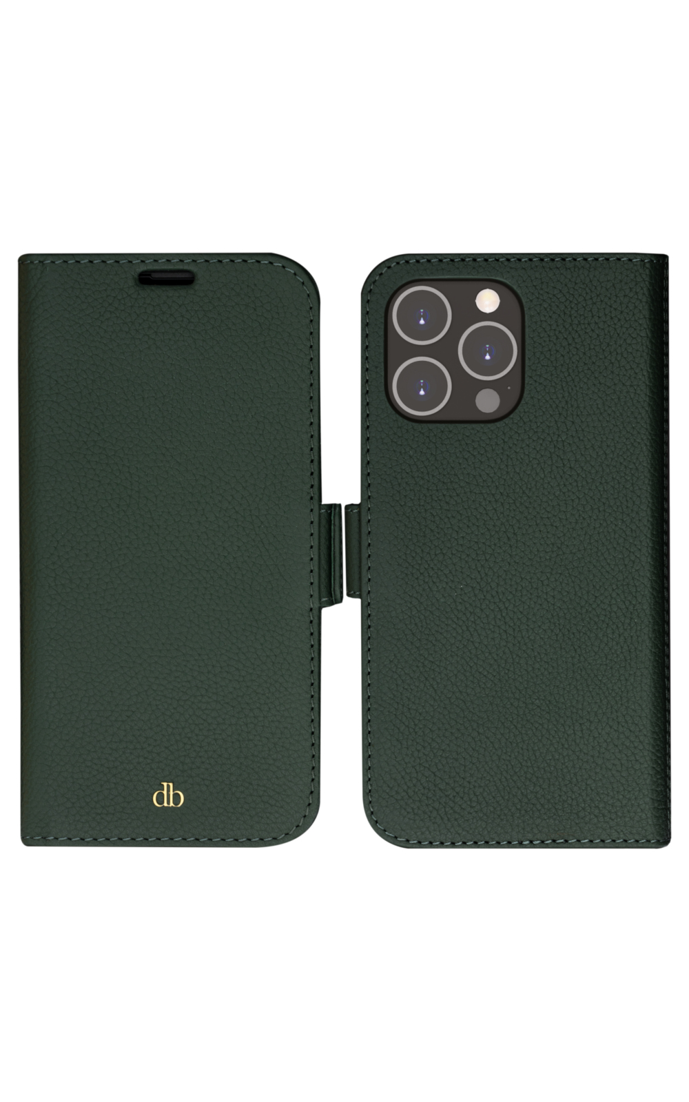 Custodia per telefono in pelle verde scuro, aperta. Il lato sinistro ha un logo. Il lato destro ha lenti della fotocamera.
