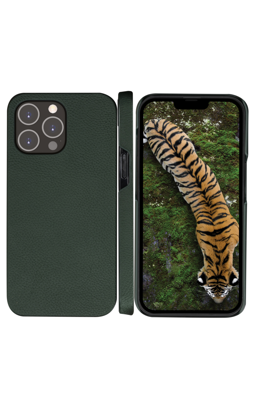 Custodia verde e telefono che mostra una tigre sul muschio. La custodia ha tre obiettivi.