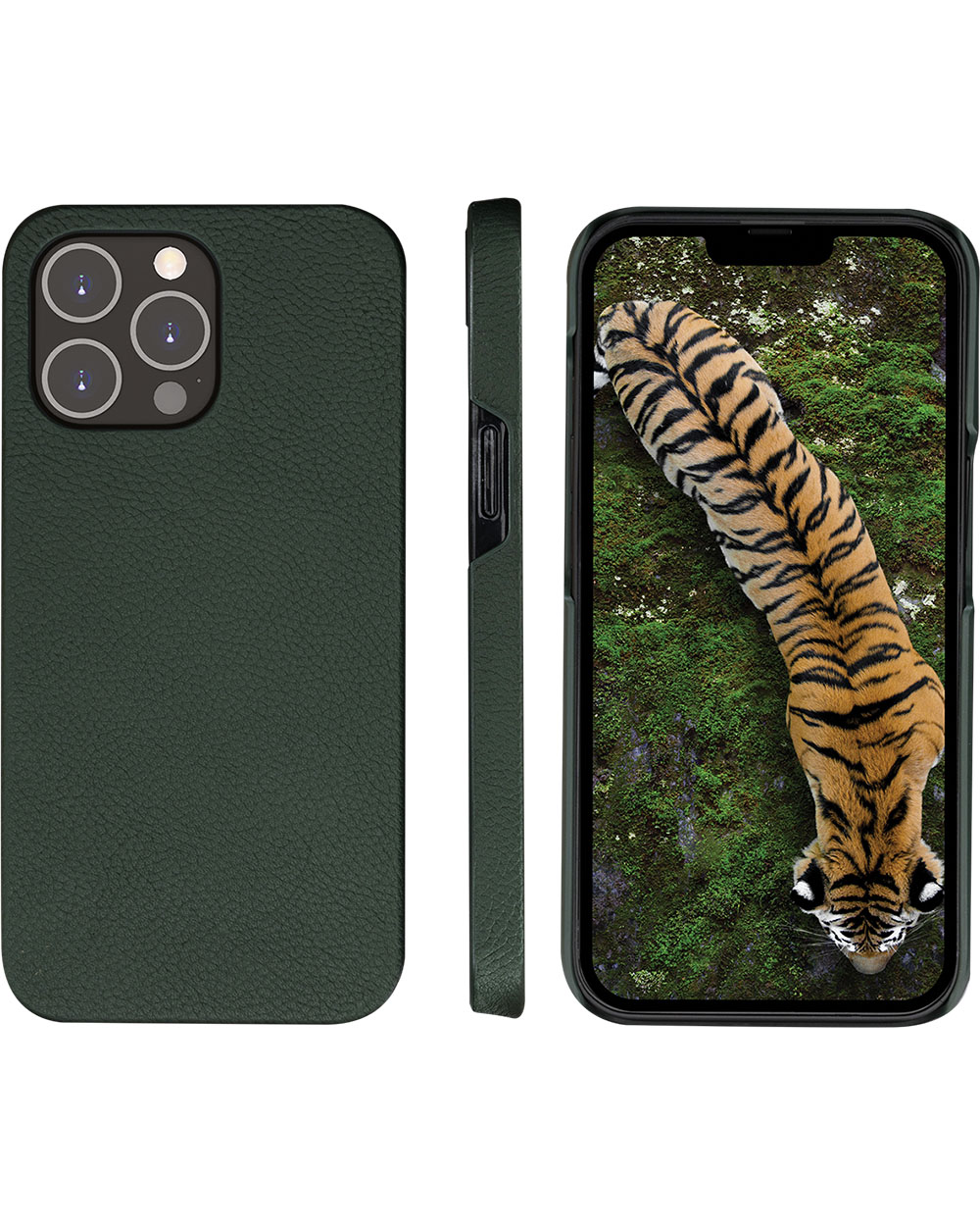 Tre viste di una custodia verde: frontale, laterale e un telefono che mostra l'immagine di una tigre su sfondo muschioso.