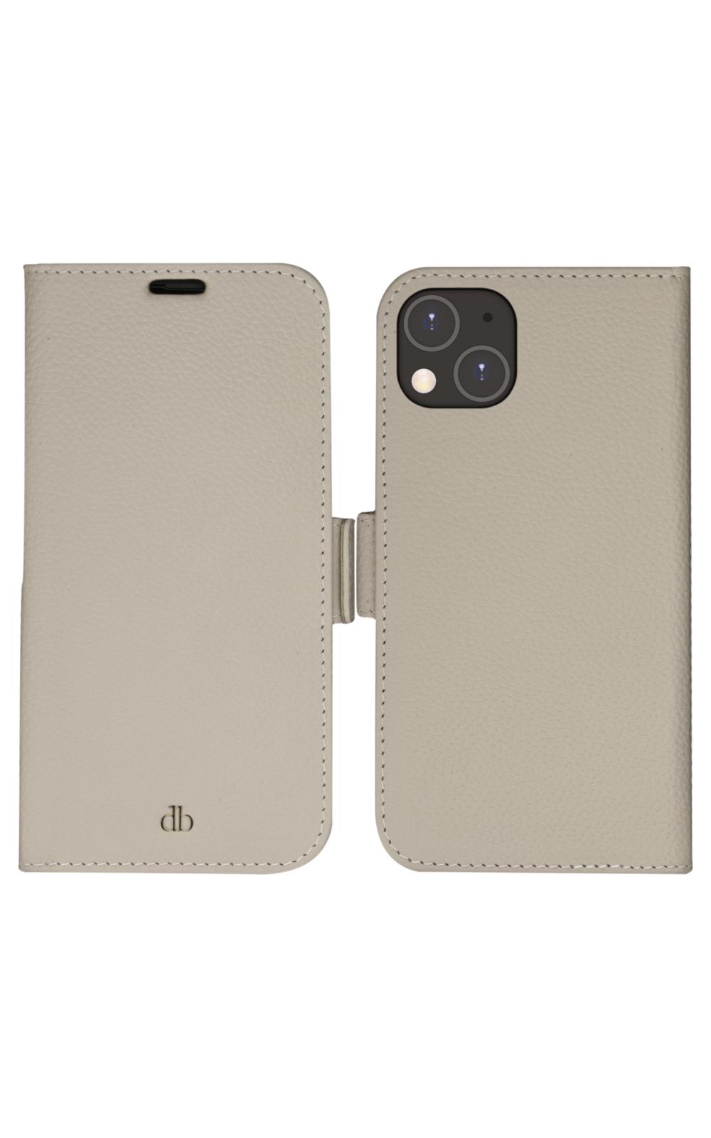Una custodia per telefono in pelle grigio chiaro, aperta. Mostra la fotocamera del telefono, le iniziali del marchio e una chiusura.