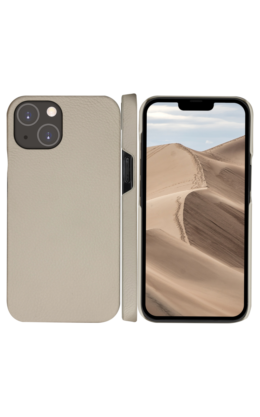 Tre viste di un telefono con una scena desertica sullo schermo. Il telefono ha una custodia in pelle beige.
