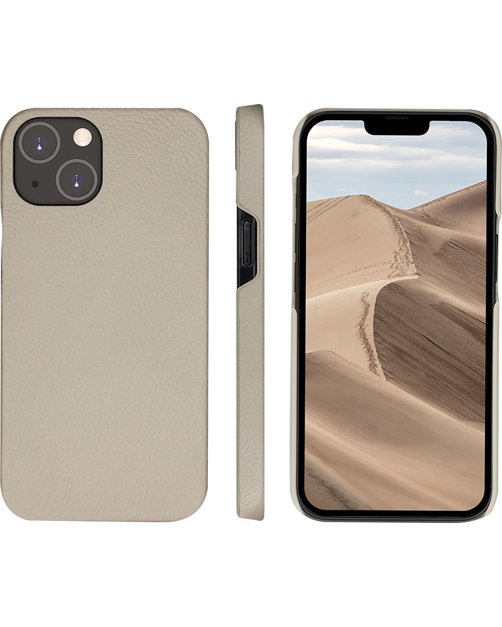 Tre viste di un telefono con custodia. Il telefono mostra una scena desertica. La custodia è beige chiaro.