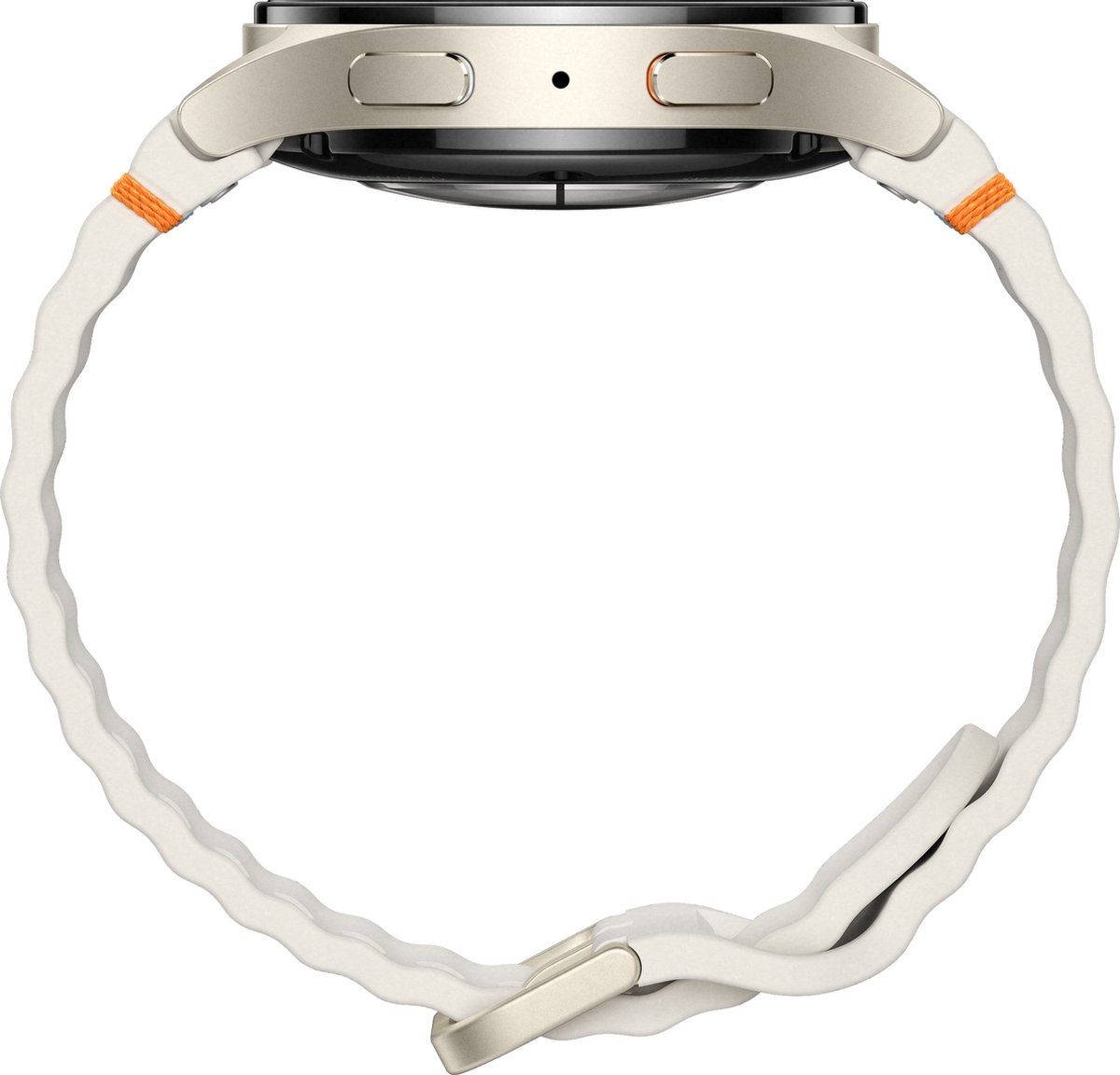 Primo piano di uno smartwatch con cinturino bianco ondulato. Quadrante nero con cornice dorata, dettagli arancioni sul cinturino.
