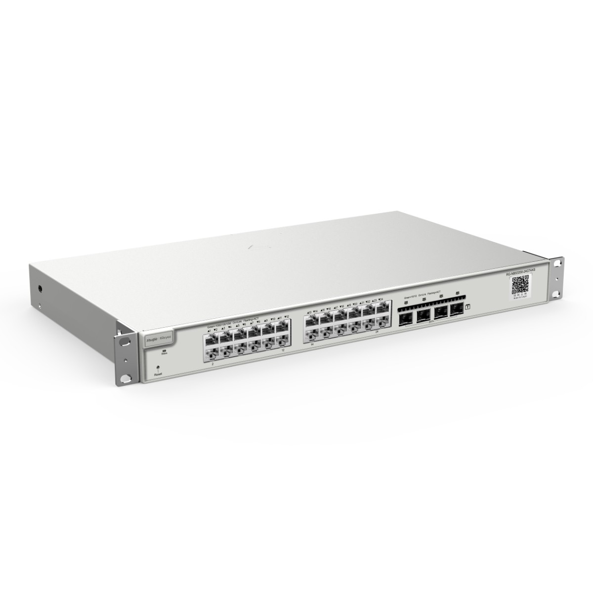 Uno switch di rete argentato con più porte. Le etichette sono visibili. Il dispositivo è su sfondo bianco.