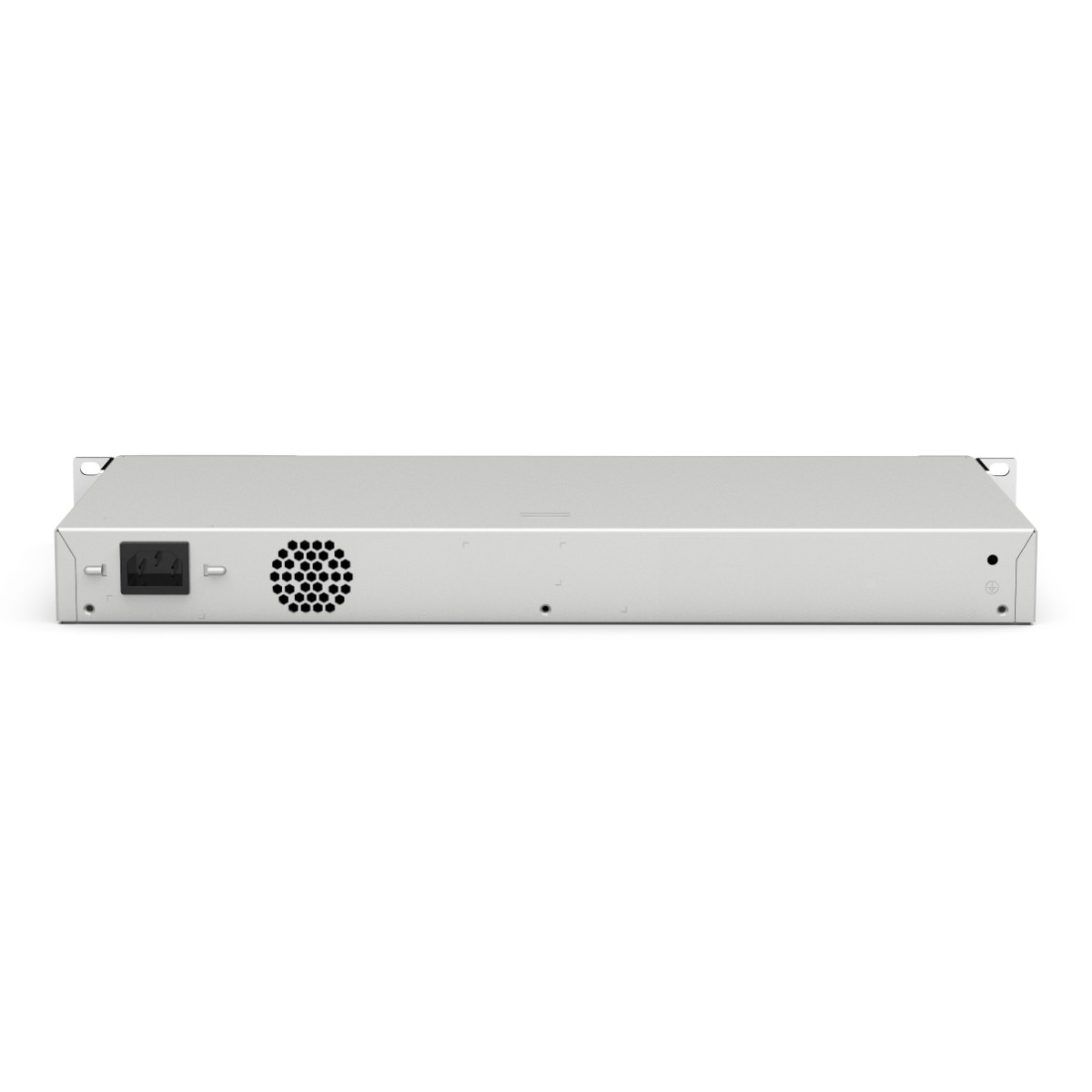 Un componente argento per rack server su sfondo bianco. Ha una porta di alimentazione, una ventola e vari connettori. Il design è elegante.