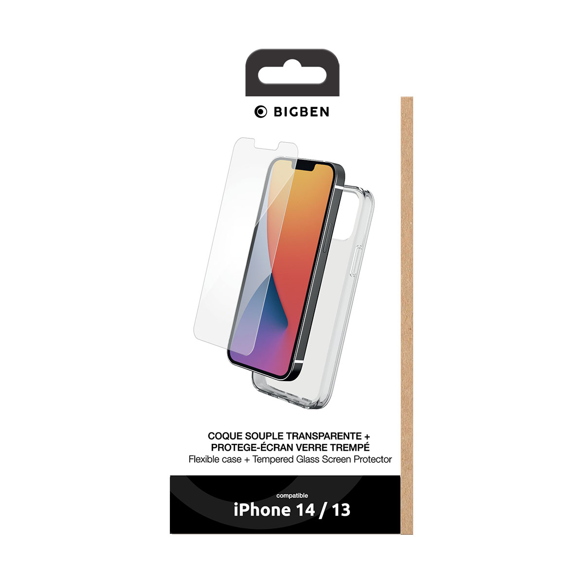 Confezione per iPhone 14/13. Include una custodia trasparente, una protezione schermo e menziona il marchio BIGBEN.