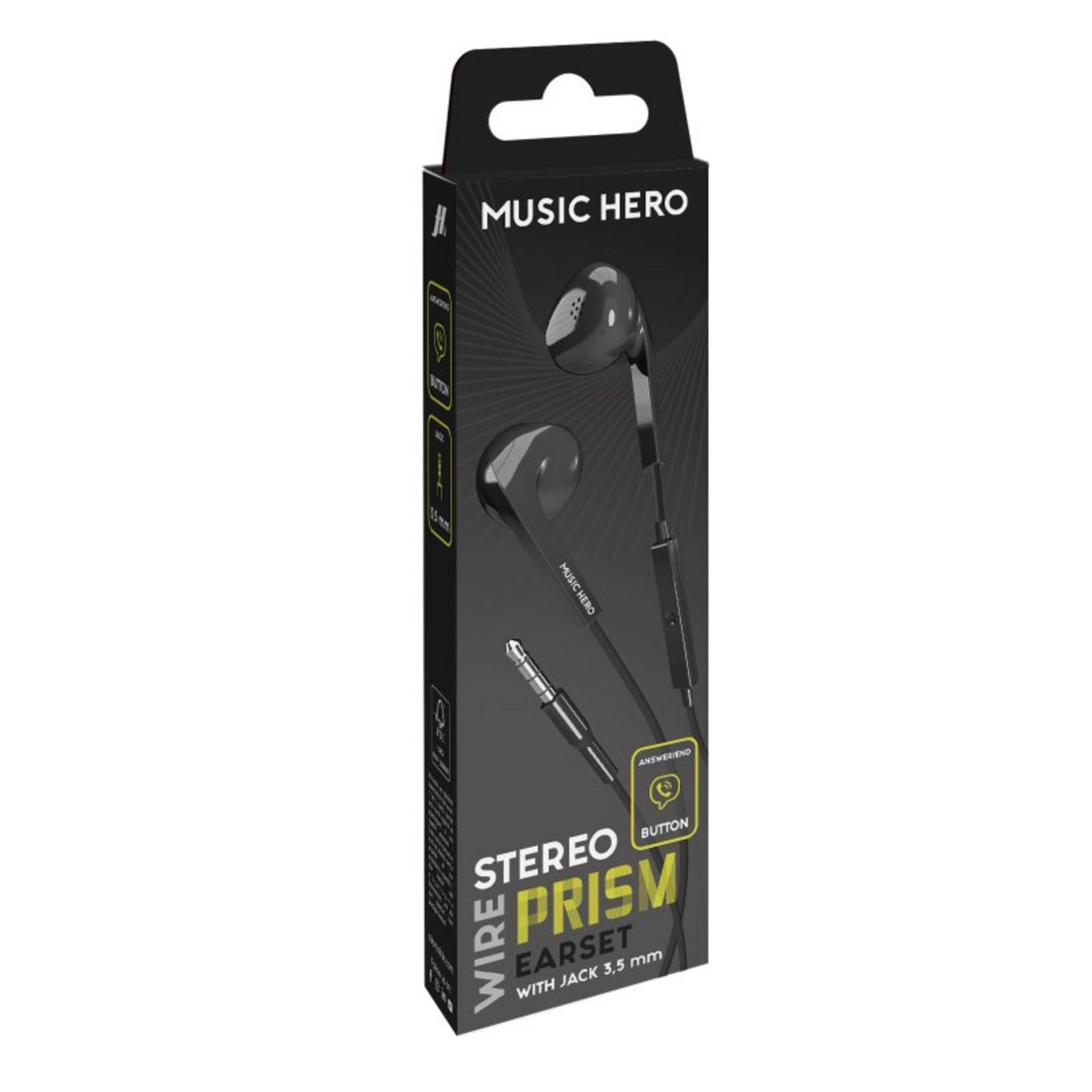 Auricolari stereo Prism Music Hero neri cablati in scatola. Caratteristiche: jack da 3,5 mm e pulsante di risposta.
