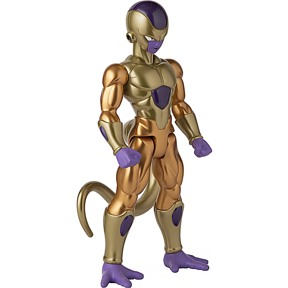 La statuetta d'azione di Frieza dorato è in piedi. Ha testa e mani viola, armatura dorata e una lunga coda. Sfondo bianco.