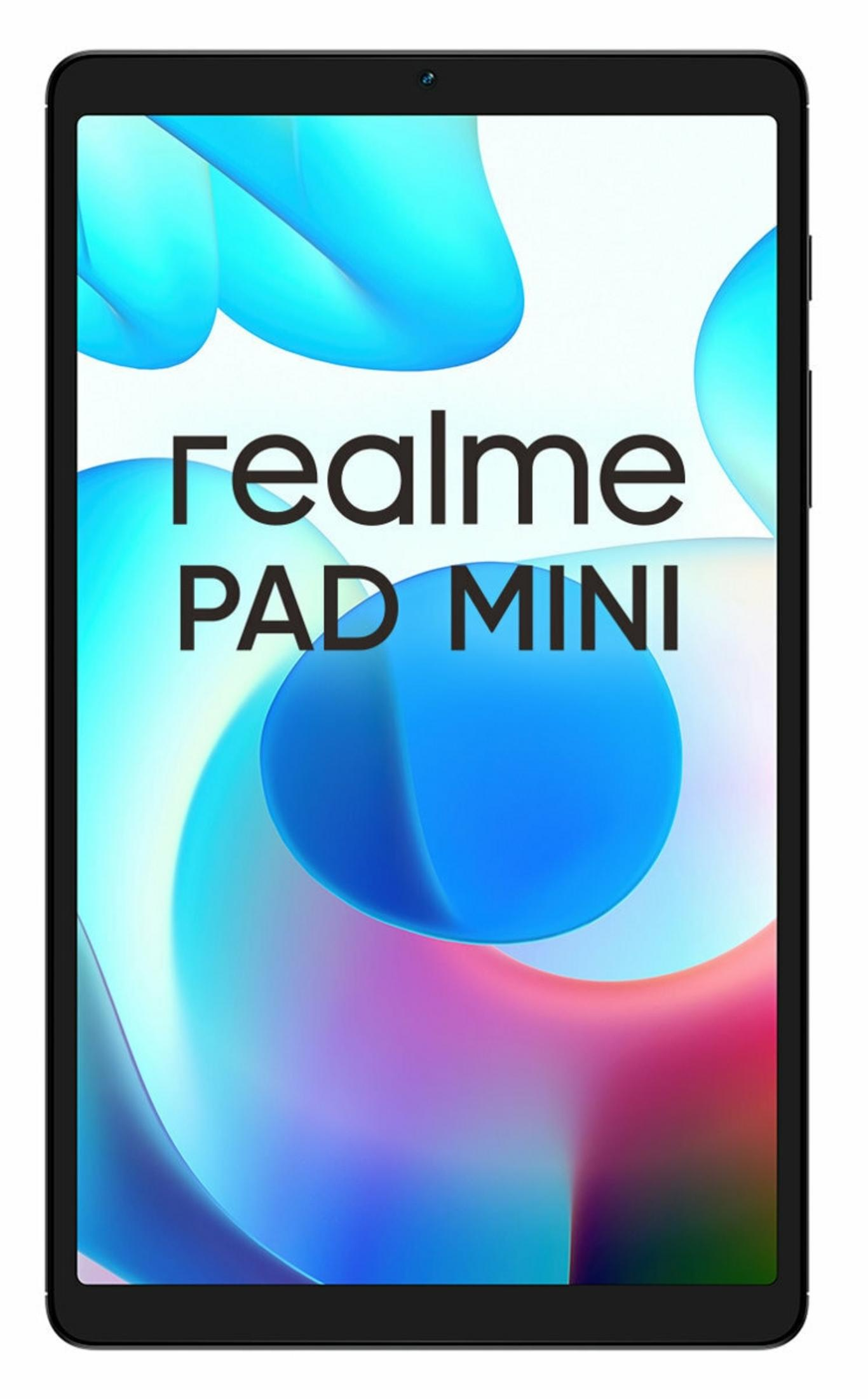Ein Tablet mit schwarzem Rahmen. Der Bildschirm zeigt 'realme PAD MINI' vor einem abstrakten Hintergrund in Blau, Weiß und Rosa.