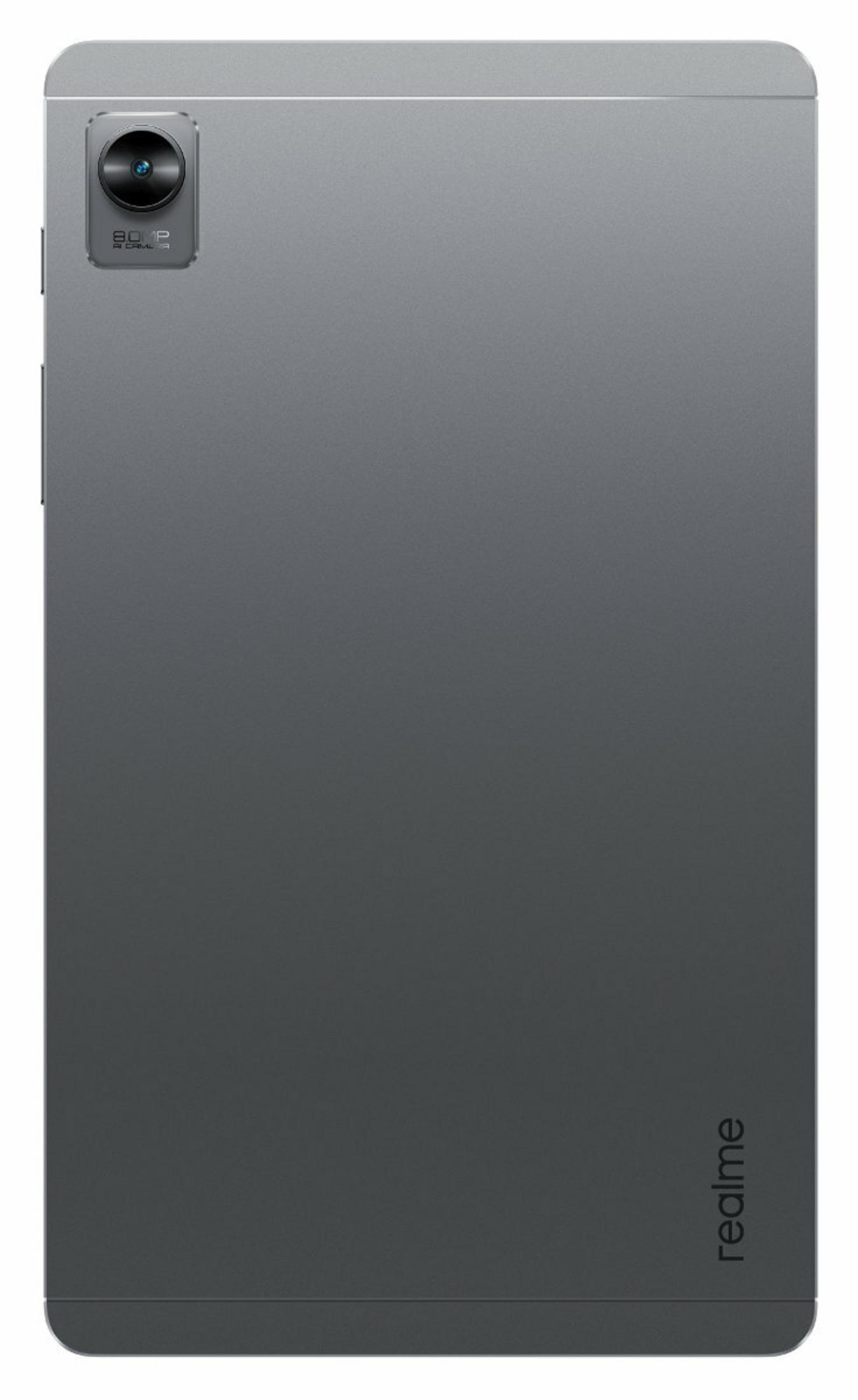 Graue Tablet-Rückseite mit Kamera und Realme-Logo. Die Kamera befindet sich oben links. Das Logo befindet sich unten rechts.
