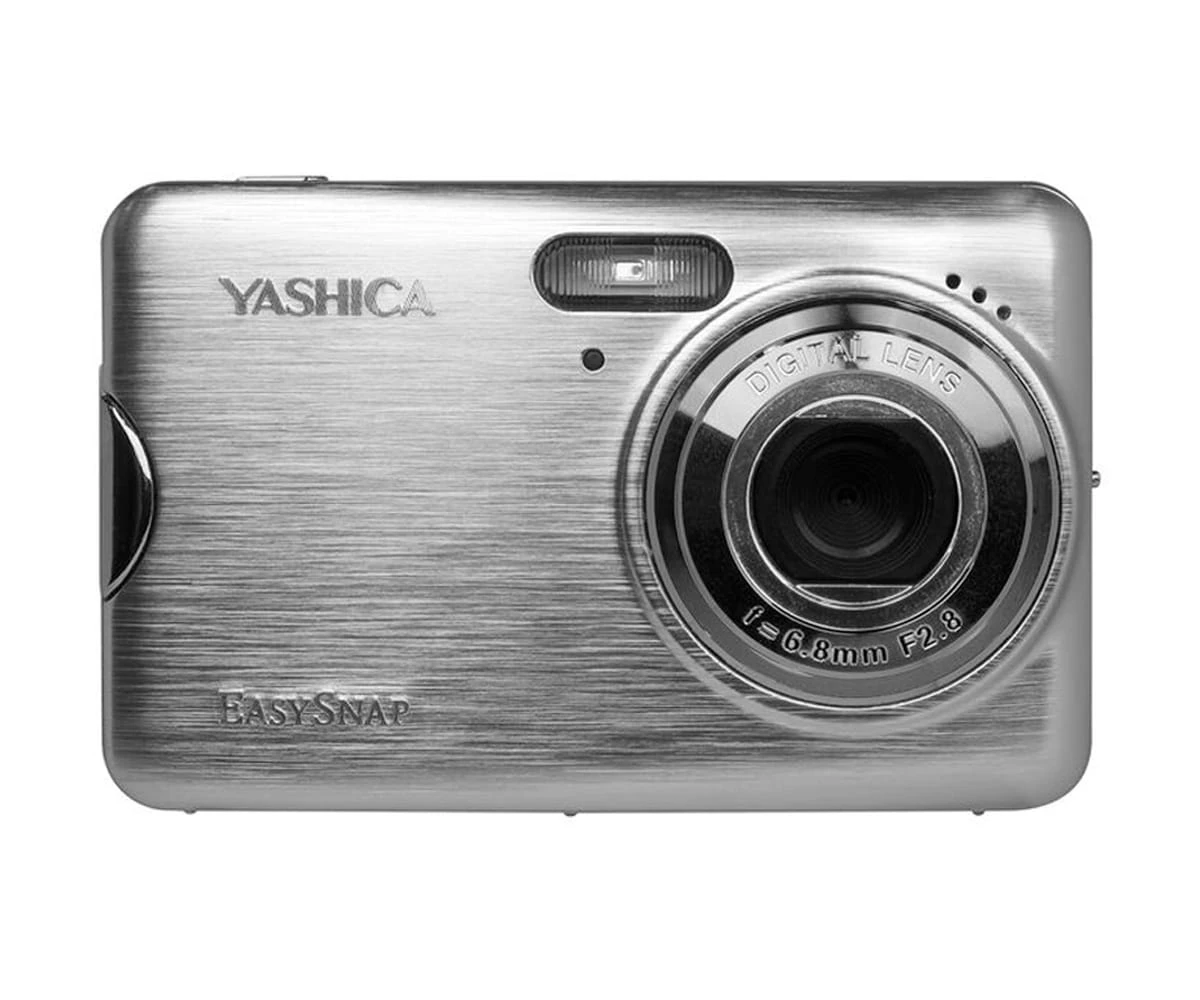 A silver Yashica EasySnap digital camera. It has a lens, flash, and buttons. The camera is rectangular.