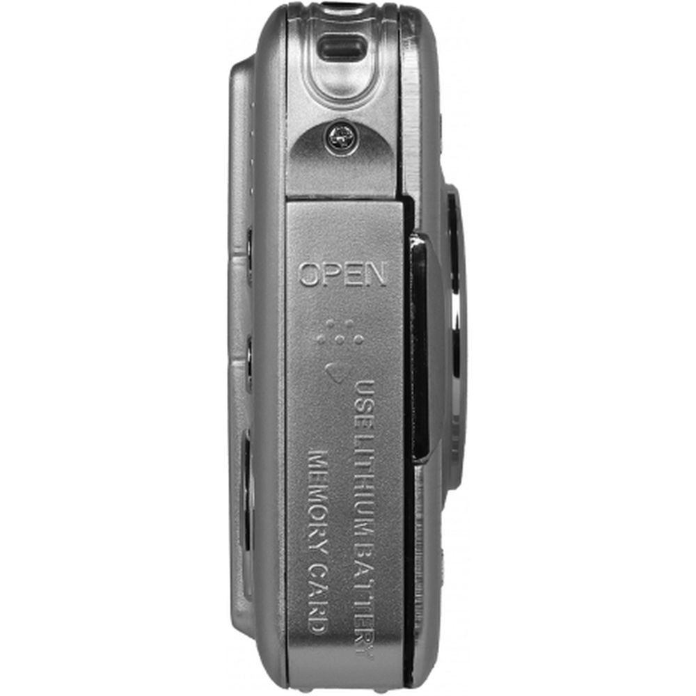 A silver digital camera side view. It has an open battery door, labeled 'OPEN', and text indicating 'USE LITHIUM BATTERY'.