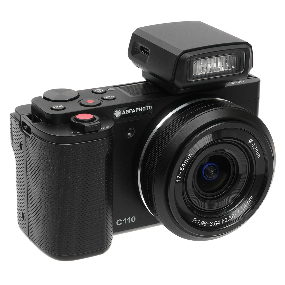 Een zwarte Agfaphoto C110 camera met een lens en flitser. De lens heeft markeringen en de camera heeft knoppen.