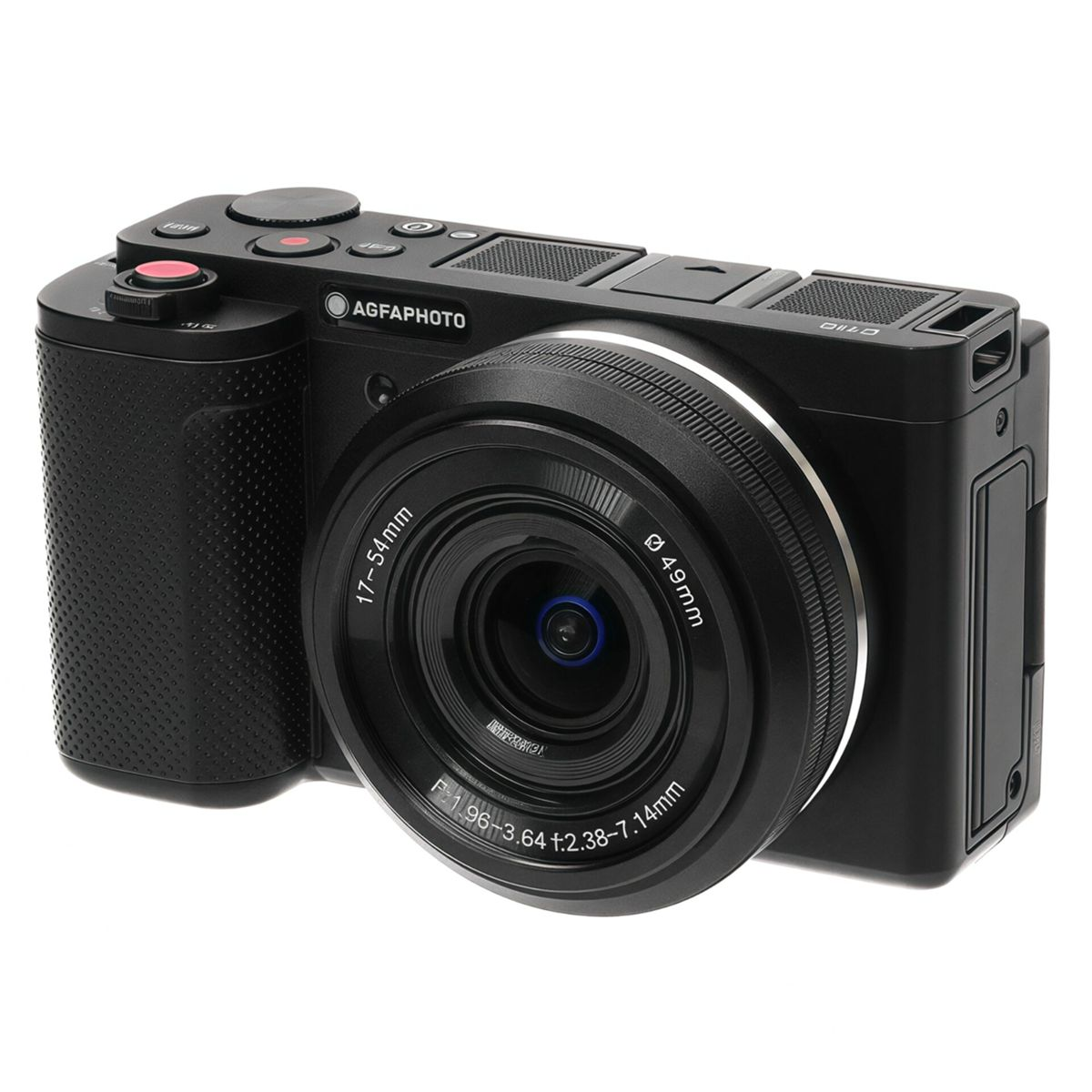 Een zwarte AgfaPhoto digitale camera met een lens. Het heeft knoppen en draaiknoppen, met lensdetails. De achtergrond is wit.