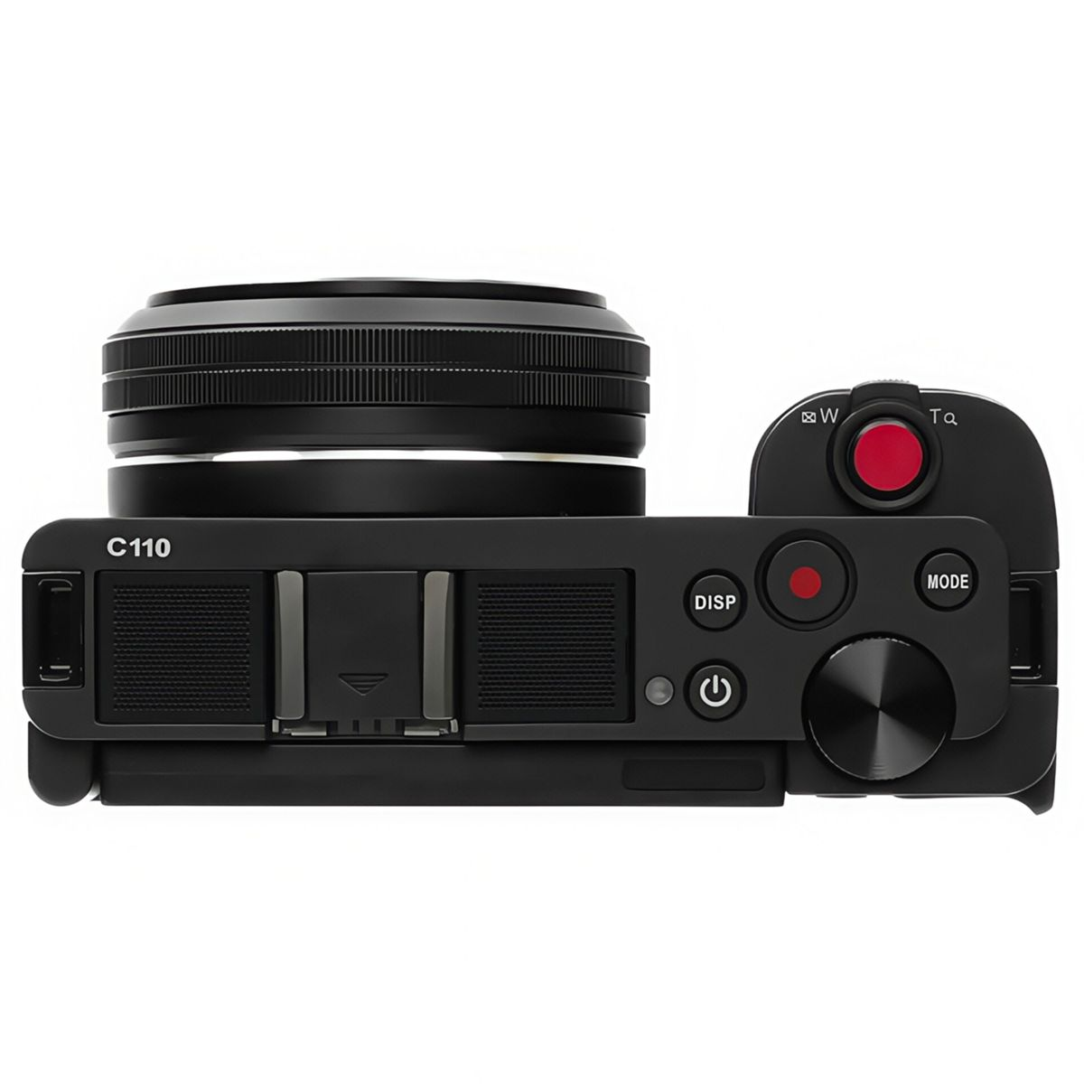 Zwarte digitale camera, bovenaanzicht. Het heeft een lens, knoppen voor display, modus, stroom en een rode opnameknop.