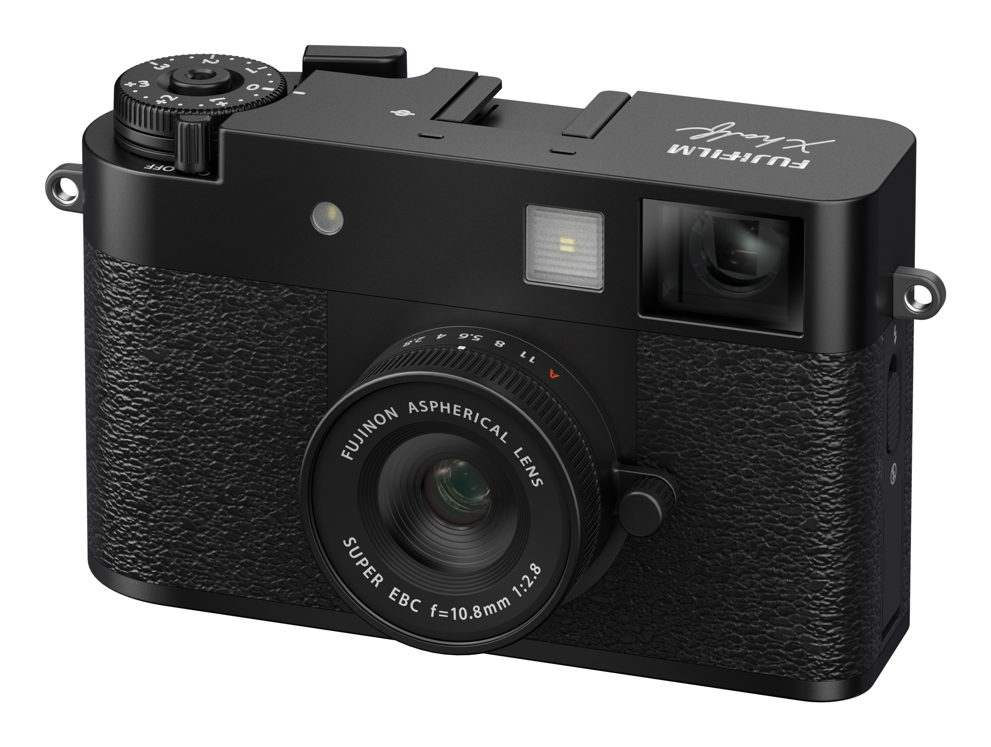 Czarny aparat Fujifilm X-H2s. Ma obiektyw, pokrętła i przyciski. Na obiektywie napis 'Fujinon Aspherical Lens'.