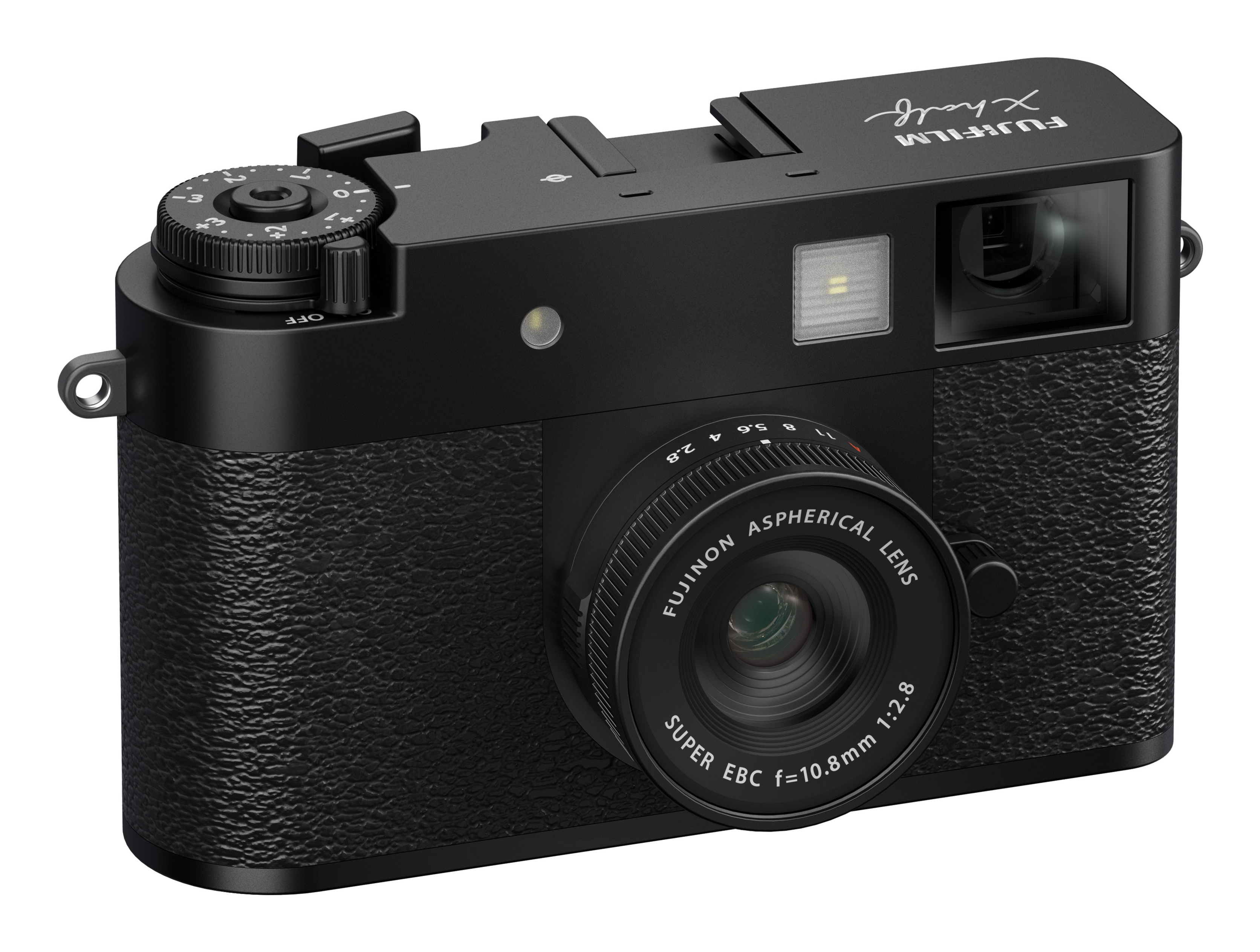 Czarny aparat Fujifilm X-H2 z obiektywem, pokrętłami i teksturowanym korpusem. Na obiektywie napis 'FUJINON ASPHERICAL LENS'.