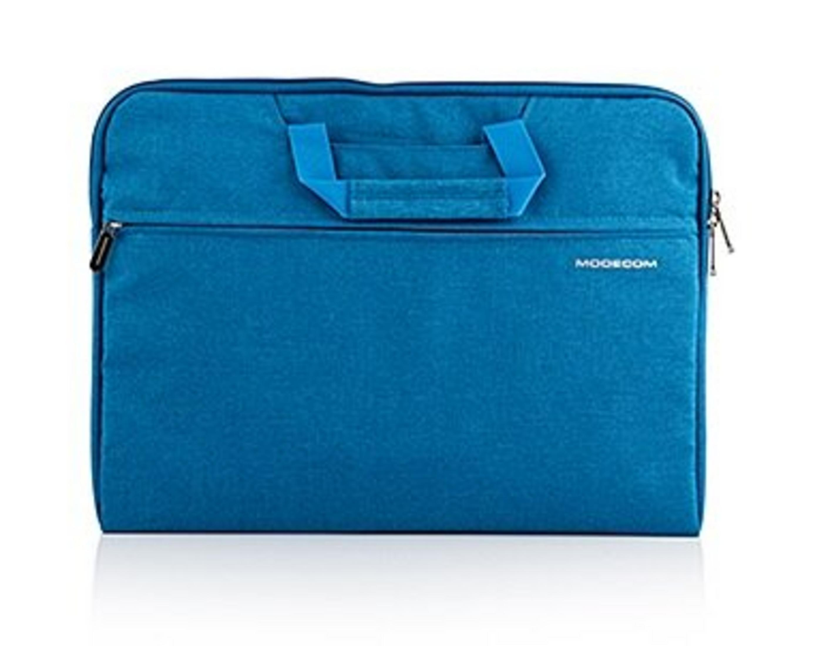 Una borsa blu per laptop con manico e tasca con cerniera. Il marchio MODECOM è sulla borsa.