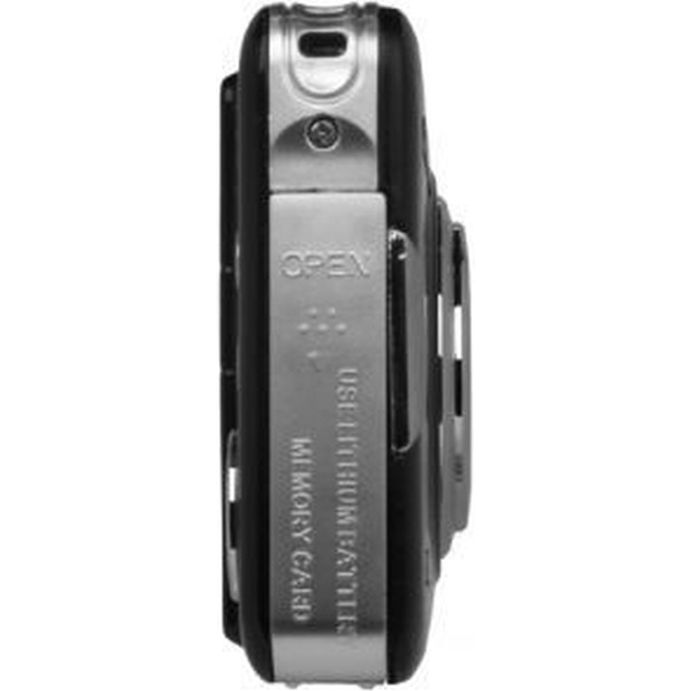 A close-up of a black and silver digital camera. It has buttons and text that says 'OPEN', 'USE LITHIUM BATTERIES', and 'MEMORY CARD'.