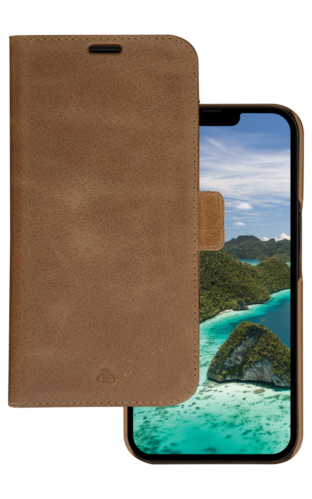 Custodia per telefono in pelle marrone, aperta per rivelare lo schermo di un telefono con isole tropicali e acqua turchese.