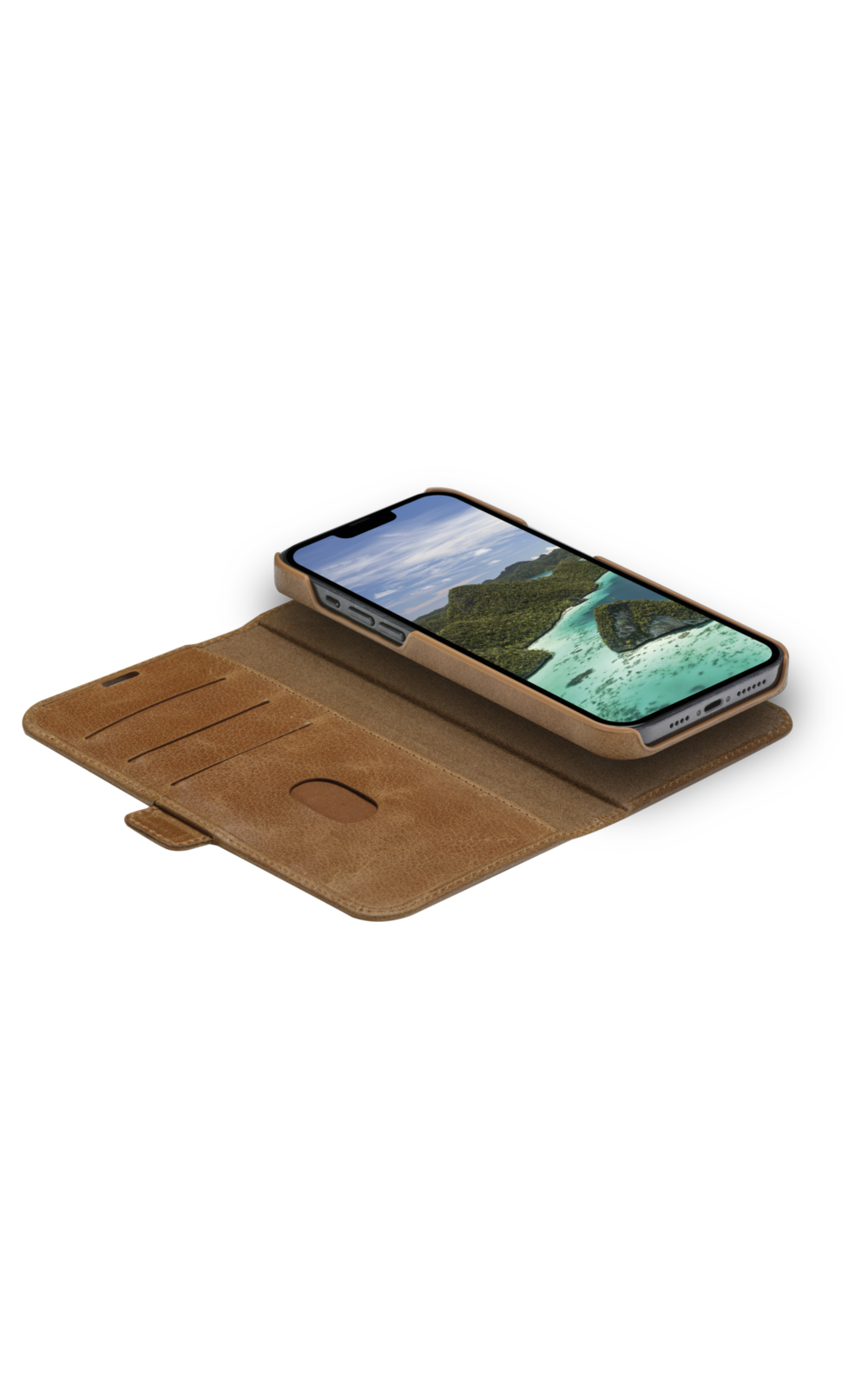 Un iPhone in una custodia di pelle marrone, aperto per rivelare lo schermo. Lo schermo mostra un paesaggio tropicale. La custodia è su sfondo bianco.