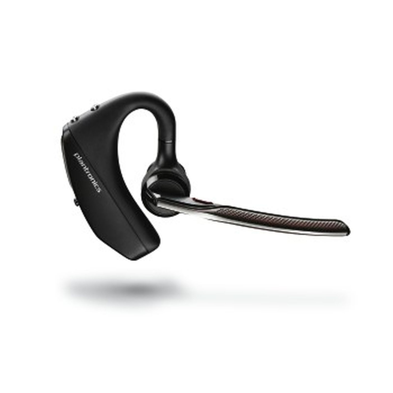 Cuffia Bluetooth Plantronics nera. Ha un design curvo con microfono e si trova su sfondo bianco.