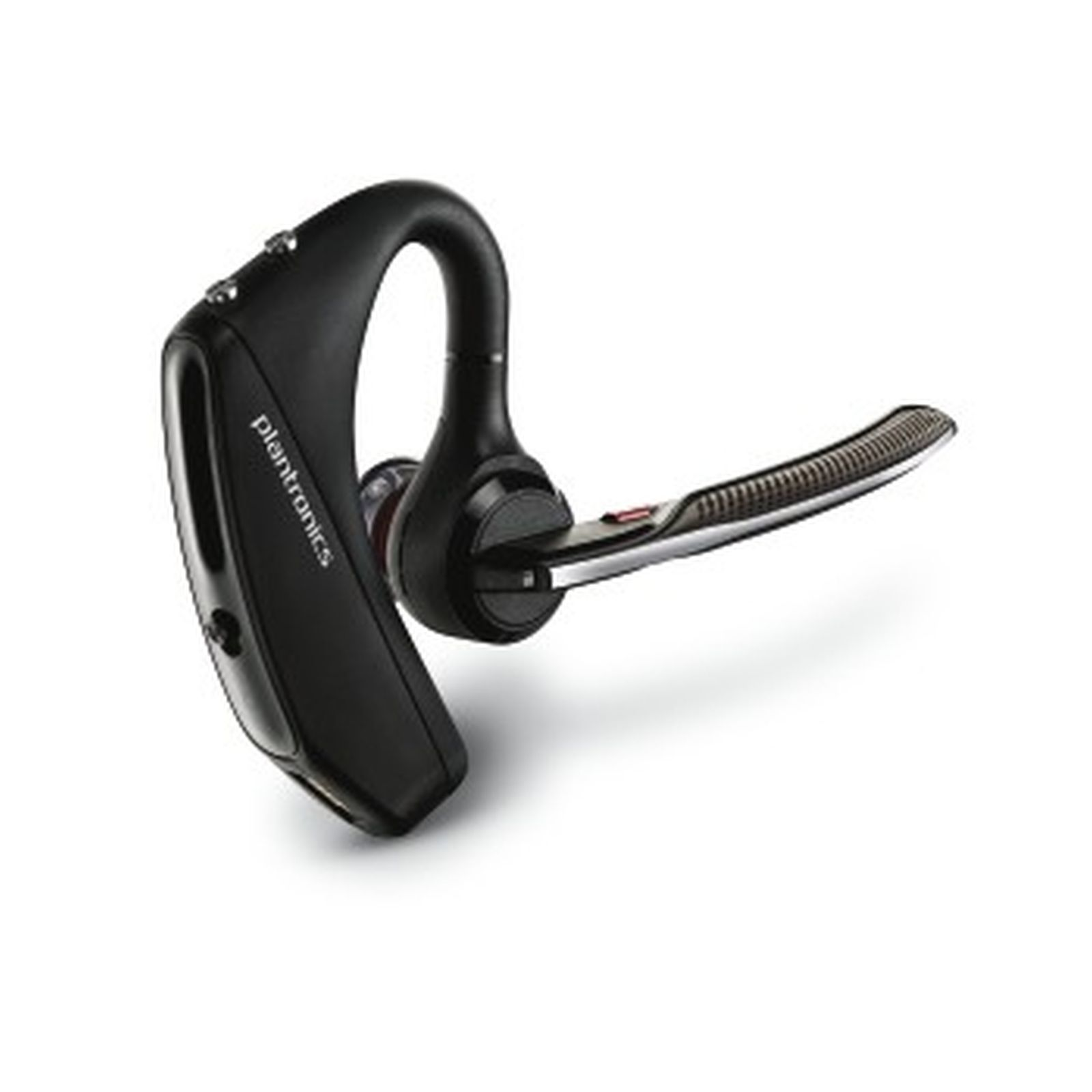 Un auricolare Bluetooth Plantronics nero su sfondo bianco. Ha un design curvo con un braccio microfonico.
