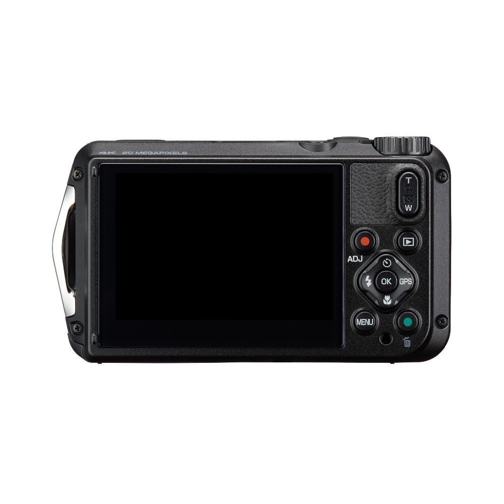 Eine schwarze Digitalkamera. Sie hat einen Bildschirm und Tasten für Menü, OK und Zoom. Sie hat 4K 20 Megapixel.