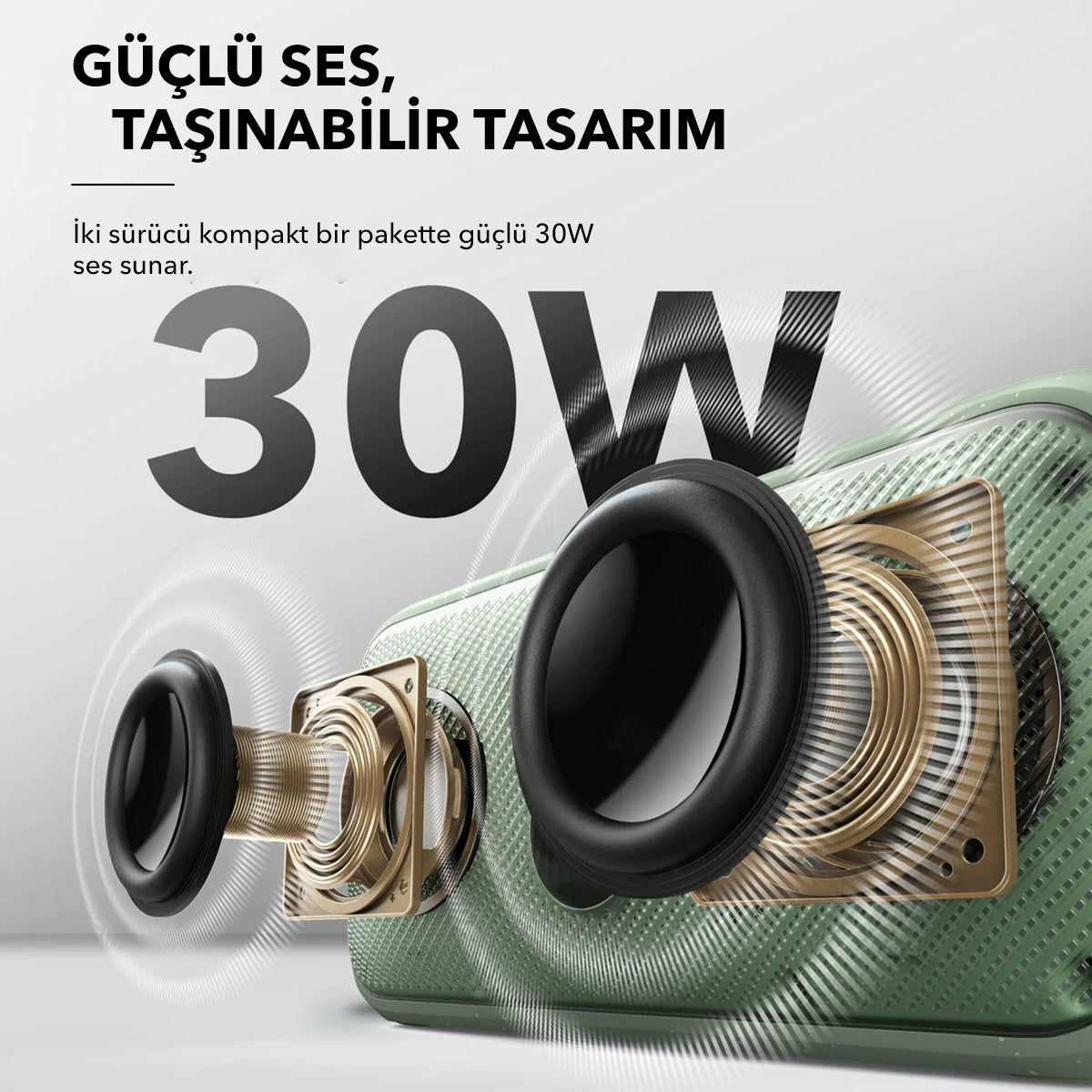 Obraz przedstawia głośnik z tekstem 'GÜÇLÜ SES, TAŞINABİLİR TASARIM' i '30W'. Zawiera komponenty głośnika.