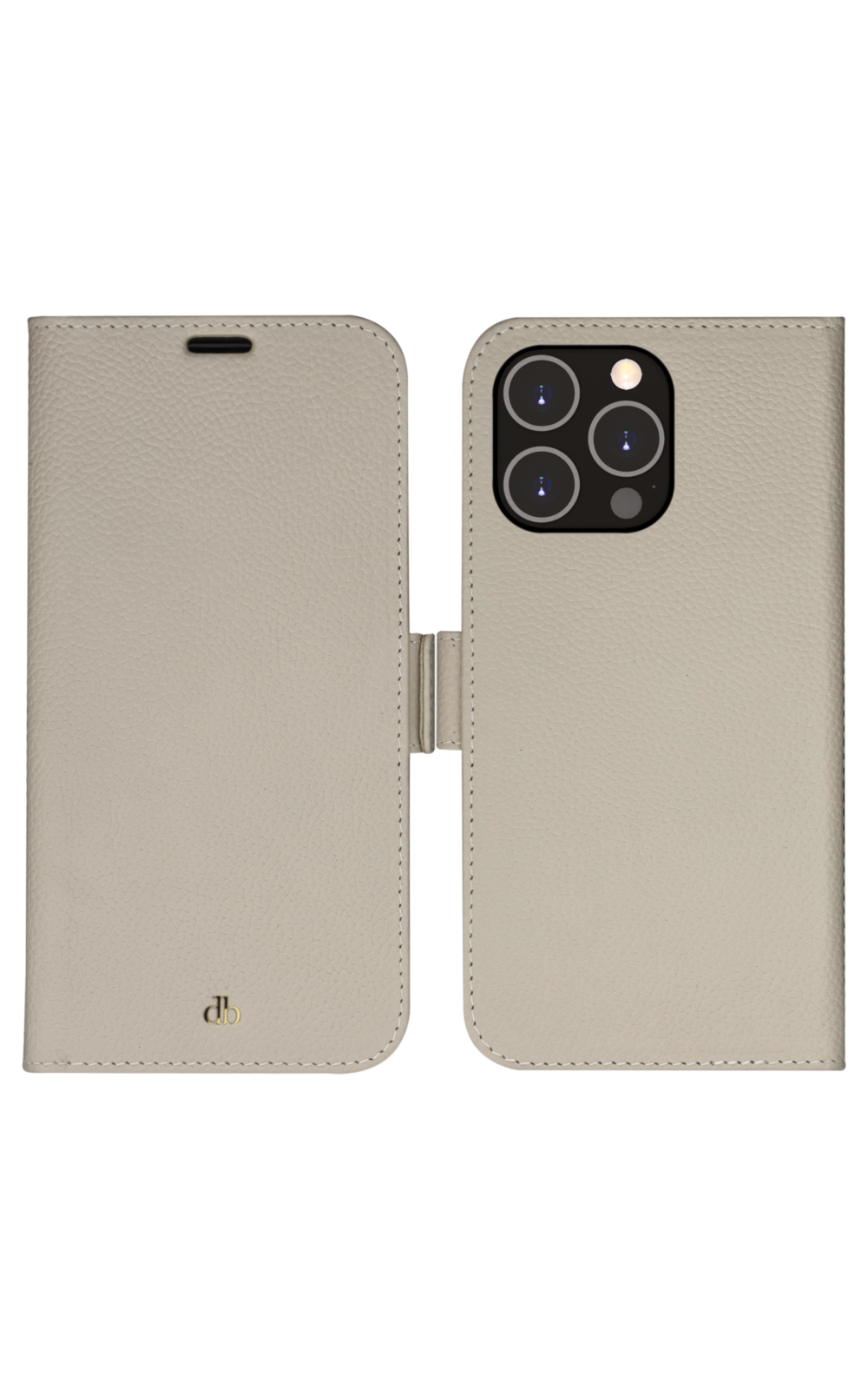 Una custodia per telefono beige chiaro è aperta, rivelando la fotocamera del telefono. La custodia ha una chiusura magnetica. Il logo 'db' è visibile.