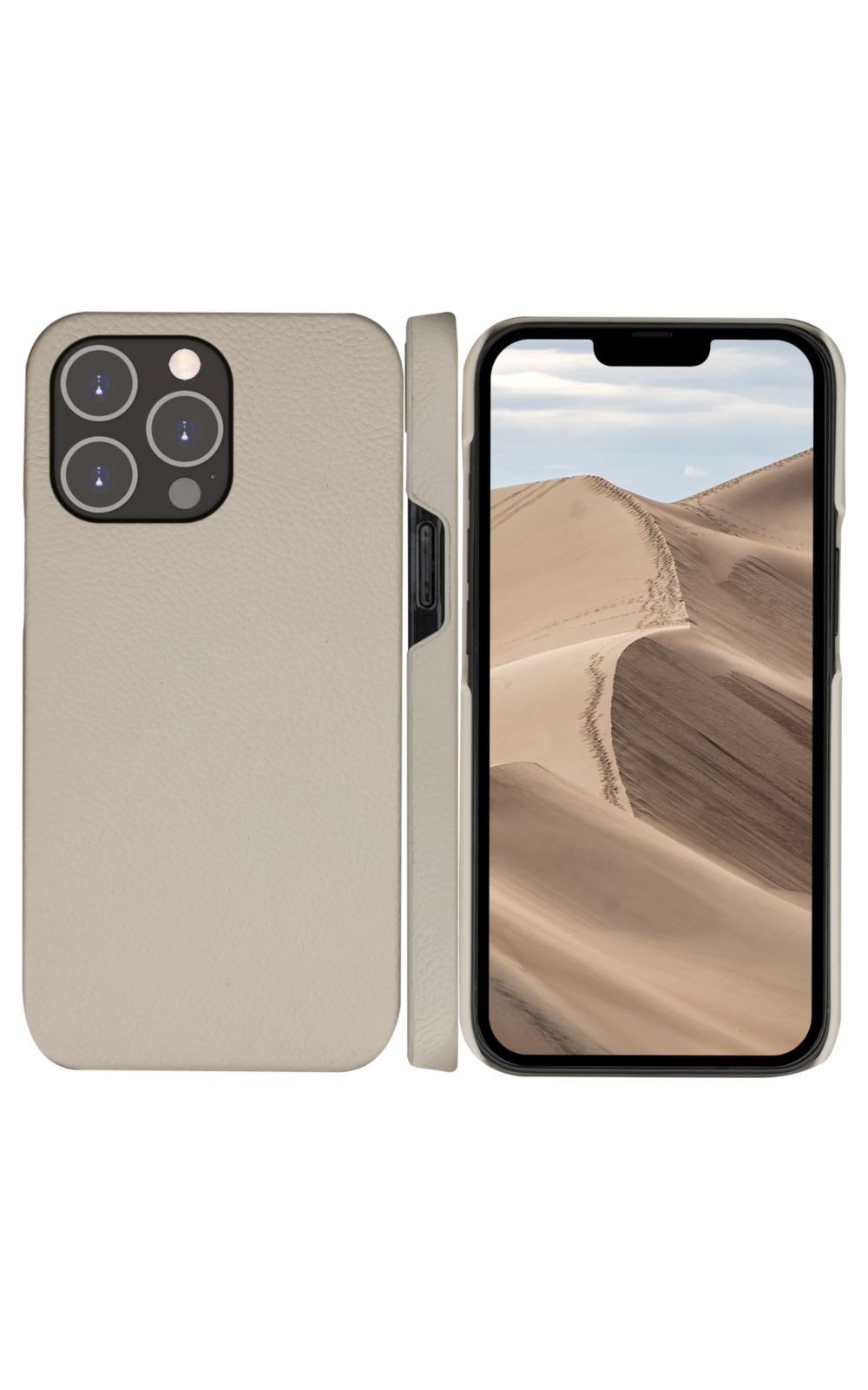 Un iPhone in una custodia beige mostra una scena del deserto. La custodia è mostrata da più angolazioni. Il telefono ha un bordo nero.