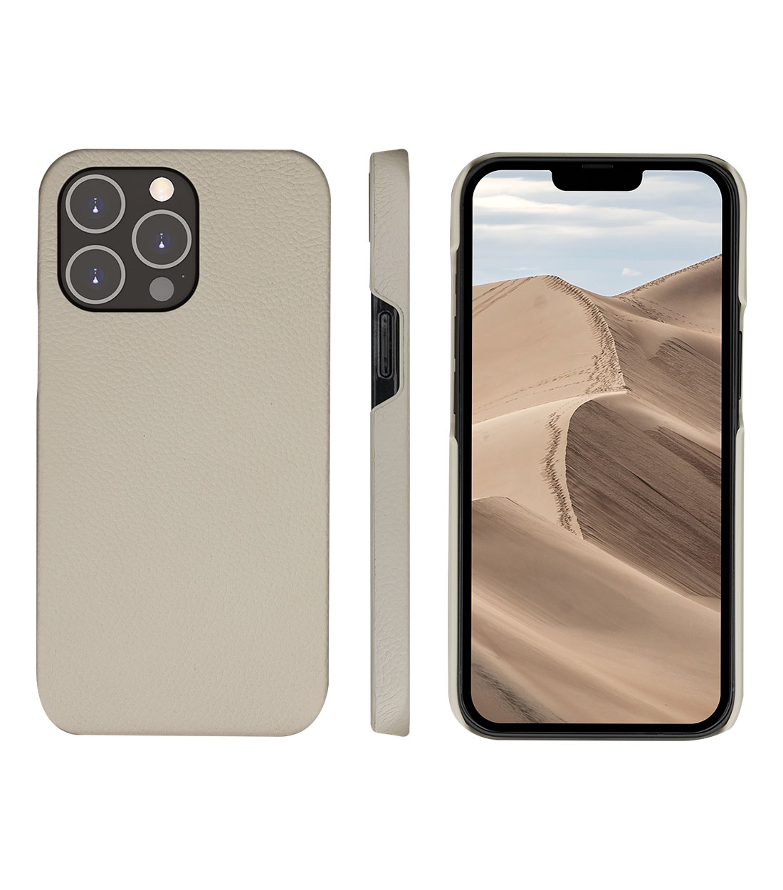 Tre viste di un telefono con custodia. La custodia è beige chiaro. Lo schermo mostra un paesaggio desertico.