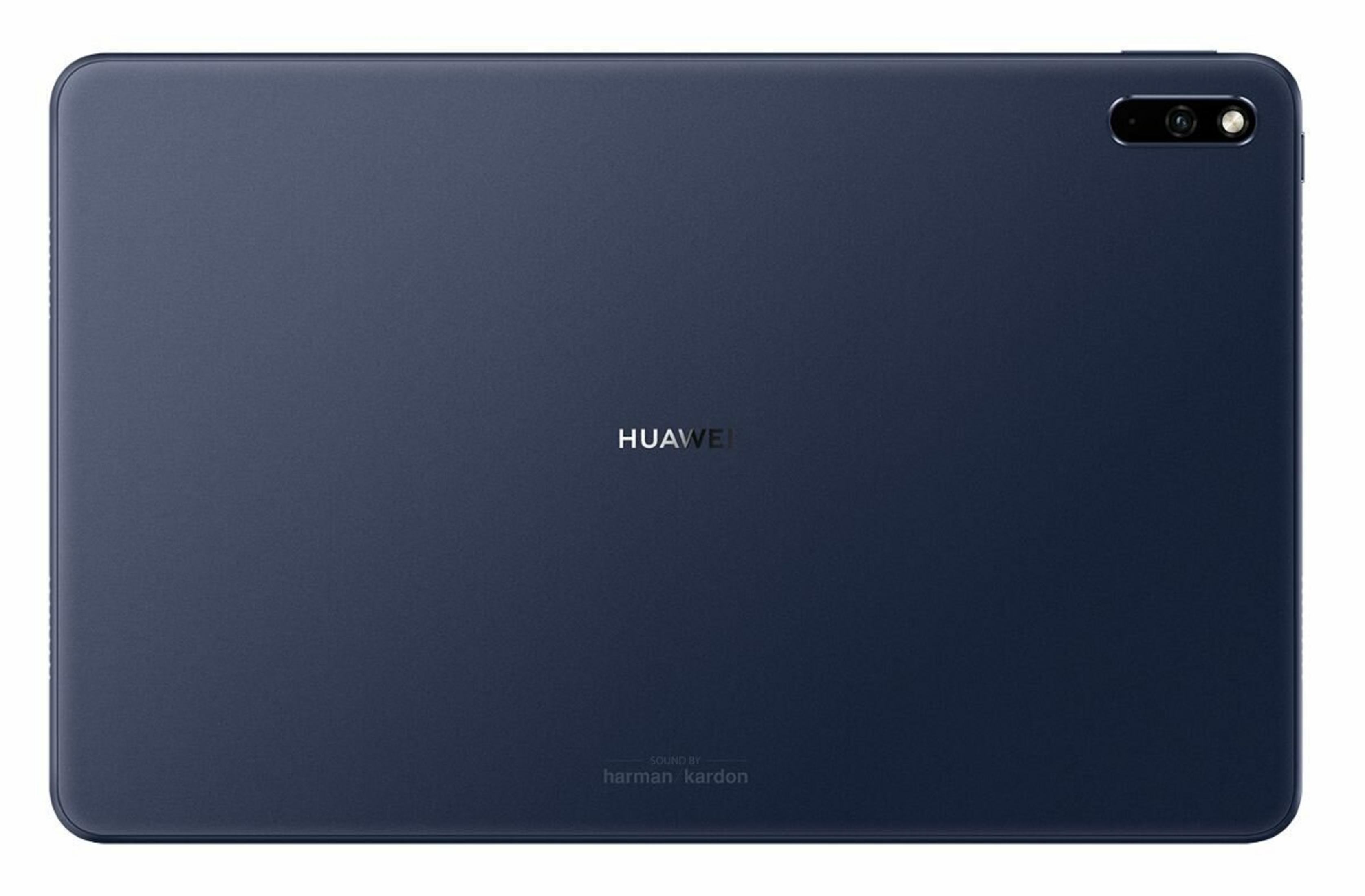 Widok z tyłu granatowego tabletu. Tablet ma aparat, logo Huawei i markę Harman Kardon.