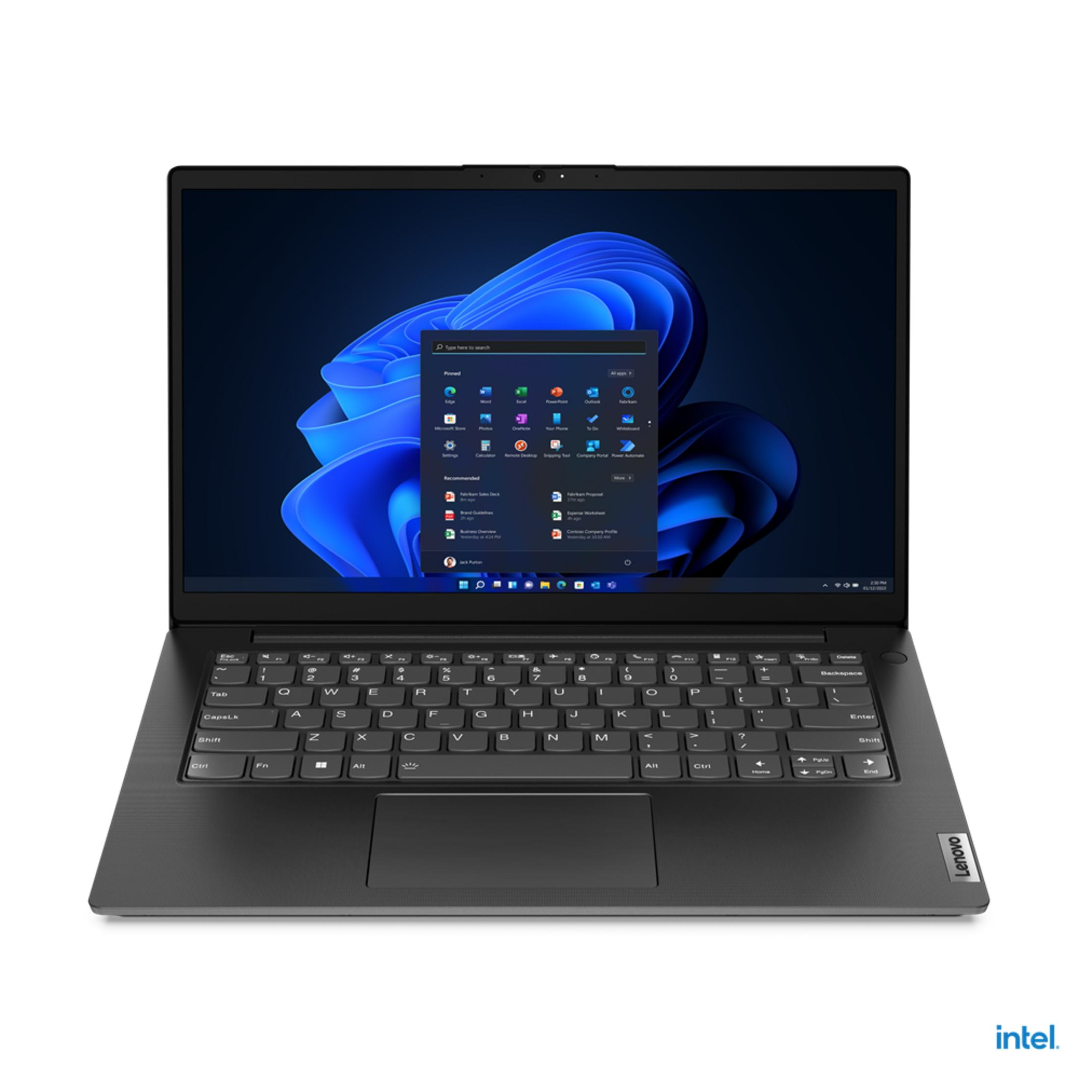 Laptop Lenovo jest otwarty, wyświetlając interfejs Windows 11. Klawiatura i gładzik są widoczne, z logo Intel.