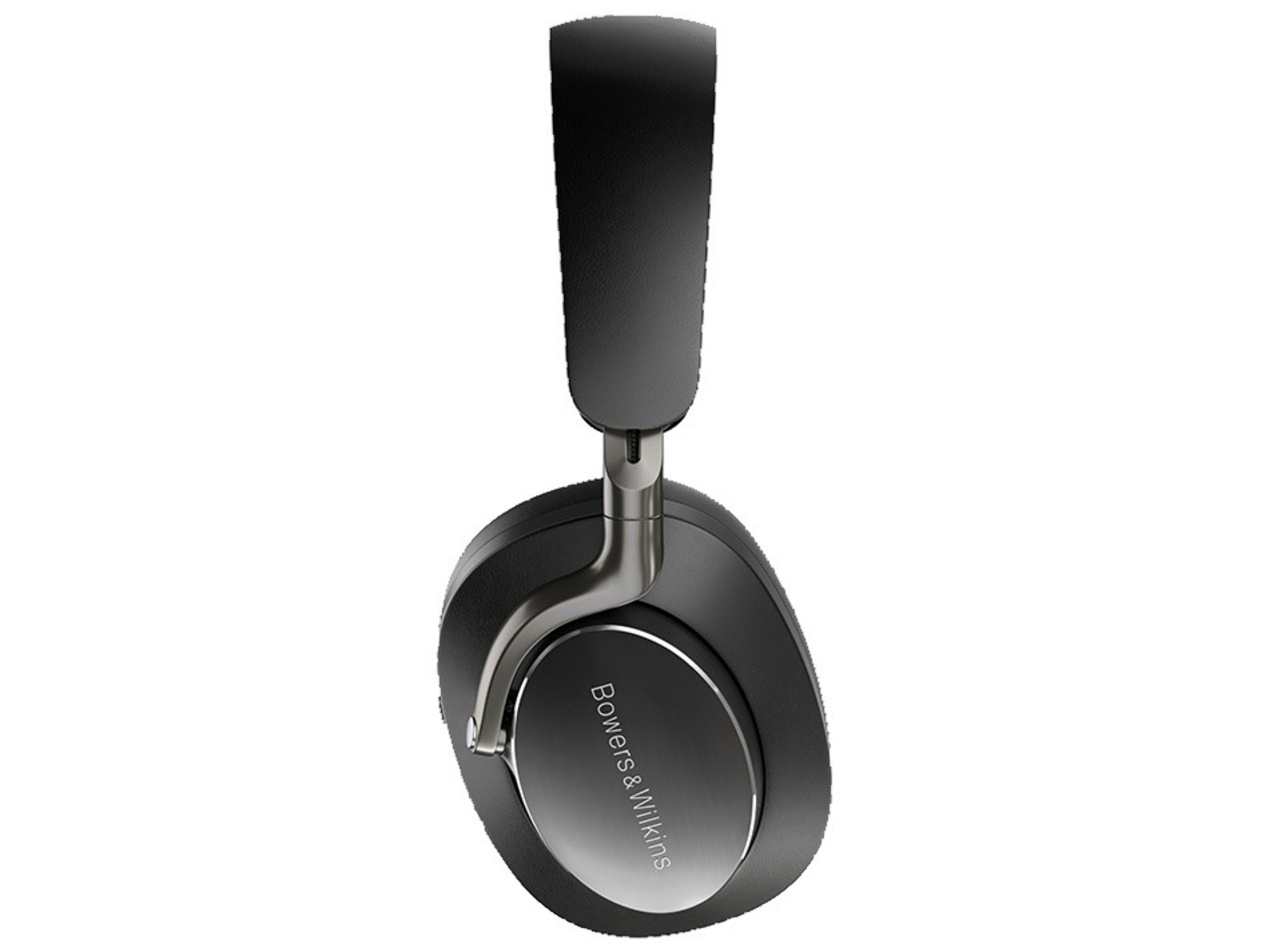 Cuffie Bowers & Wilkins nere, dettagli argentati, su sfondo bianco. Il nome del marchio è visibile.