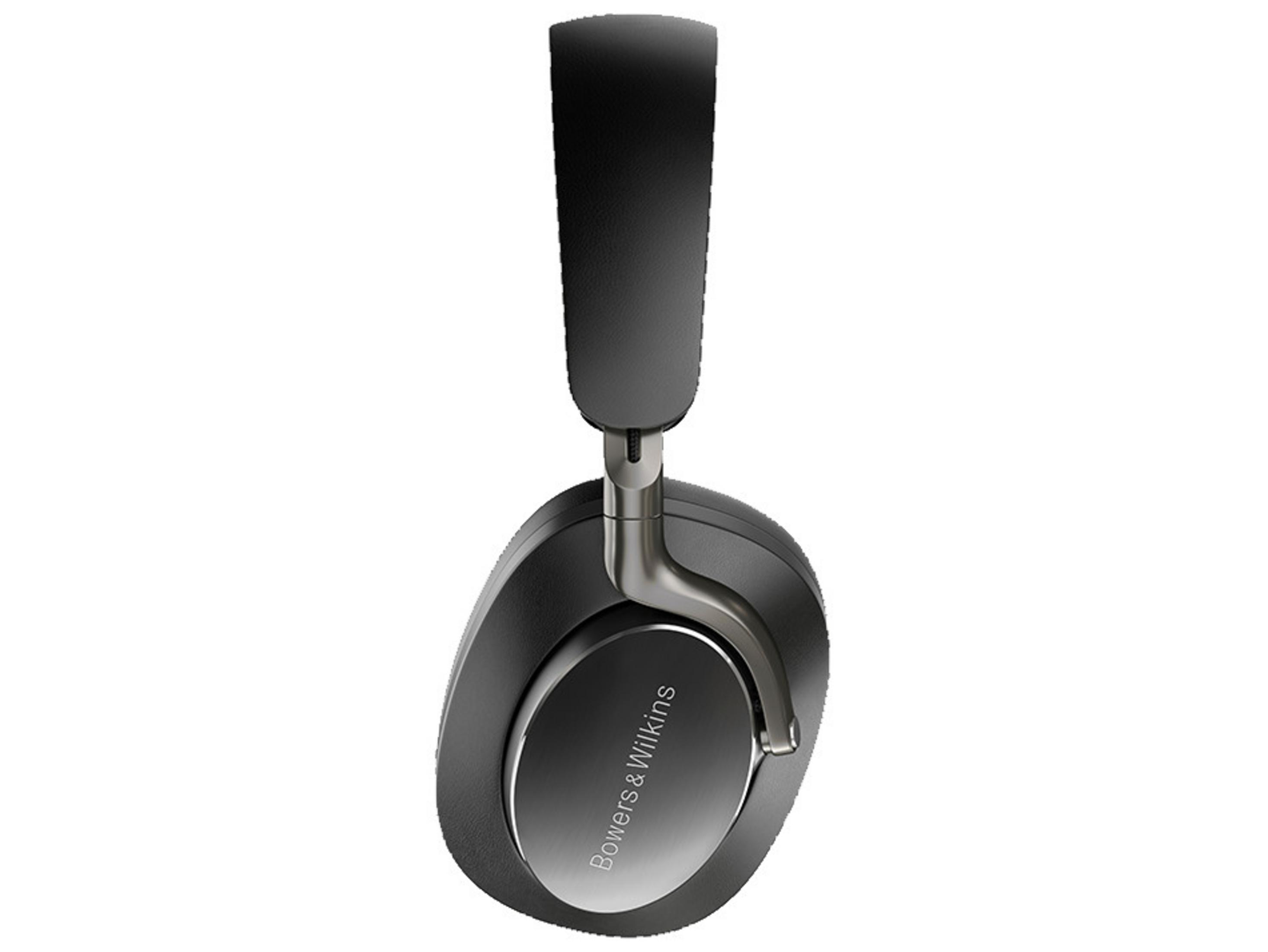Un'auricolare Bowers & Wilkins nera e argento, parzialmente visibile, isolata su sfondo bianco.