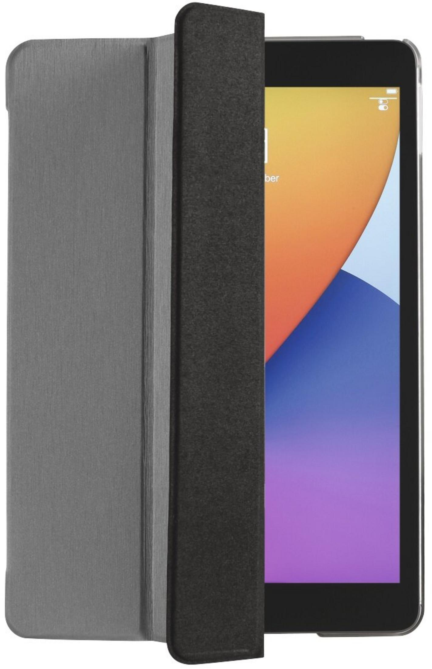Tablet in grauem Gehäuse, teilweise geöffnet. Der Bildschirm zeigt ein buntes abstraktes Bild mit Orange, Blau und Lila.