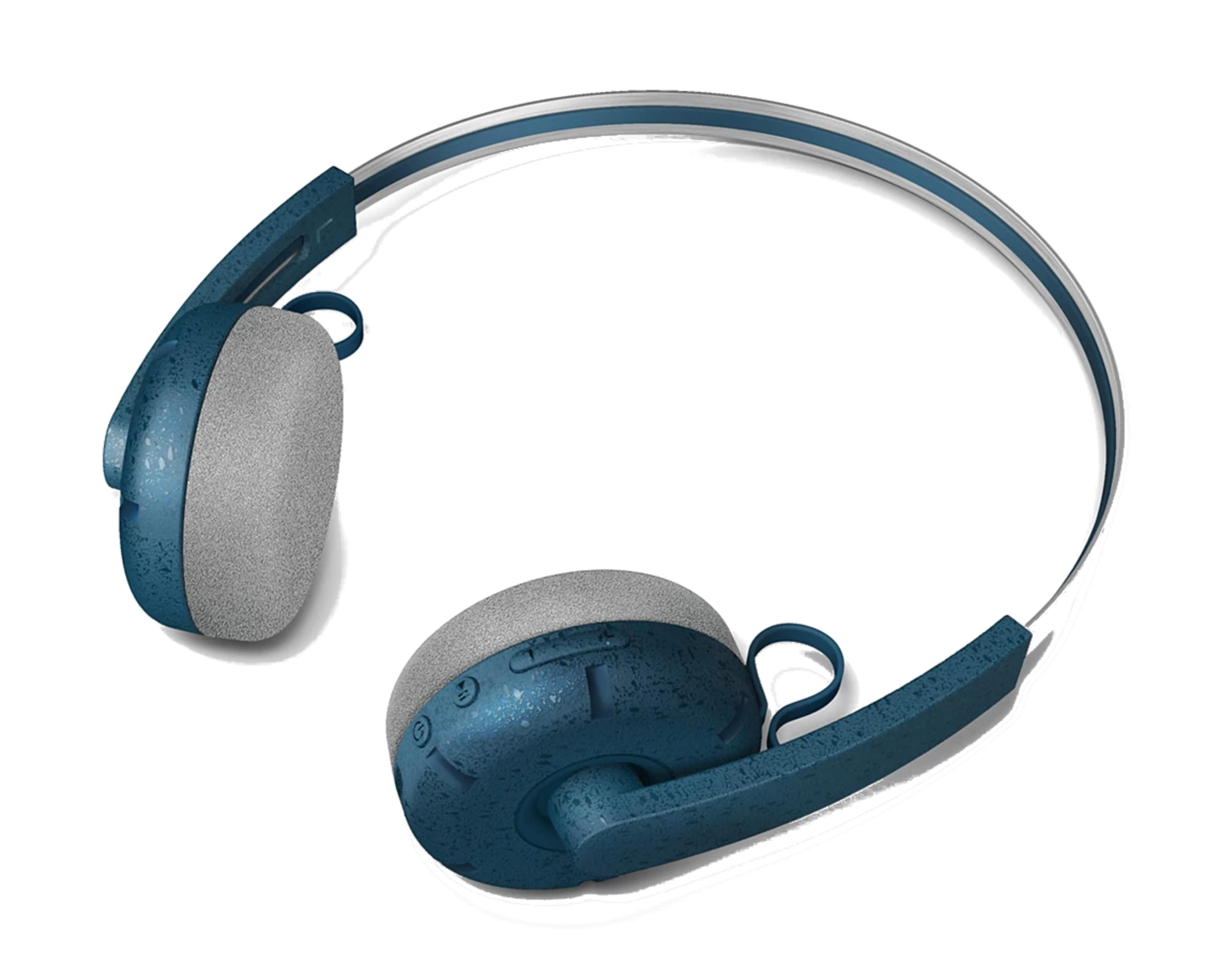 Casque bleu et gris sur fond blanc. Les coussinets sont gris, le reste est bleu. Le casque est en haut.