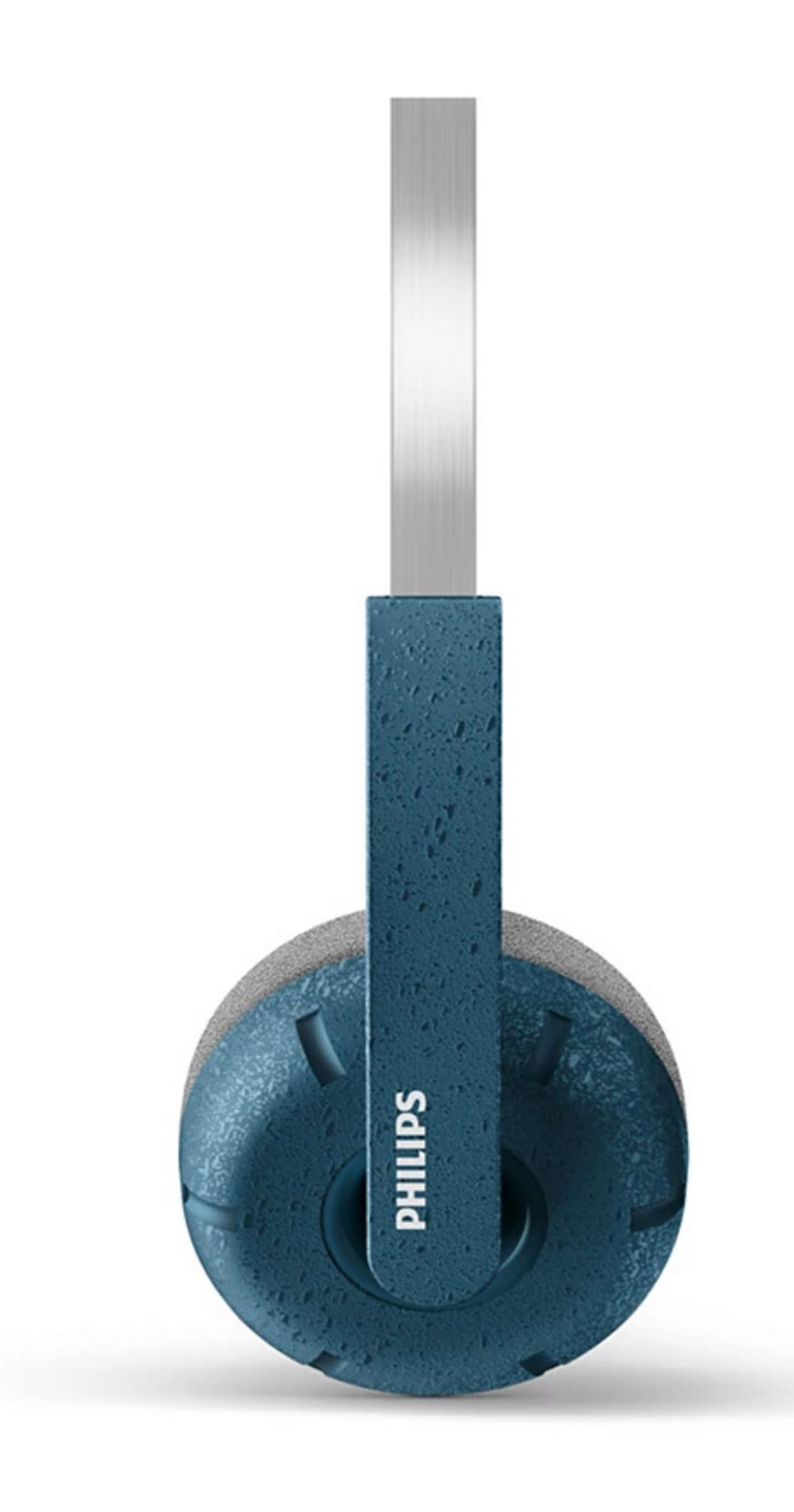 Un casque Philips bleu avec un bandeau argenté. L'écouteur est rond, avec le logo Philips.