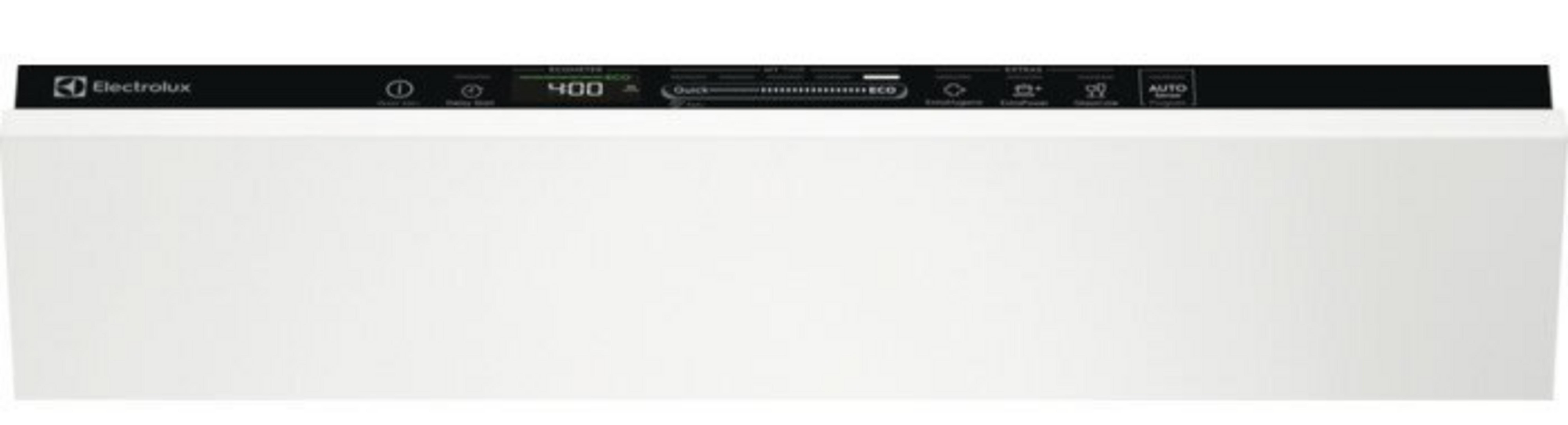 Biały panel zmywarki z czarnym panelem sterowania u góry. Panel zawiera logo Electrolux.