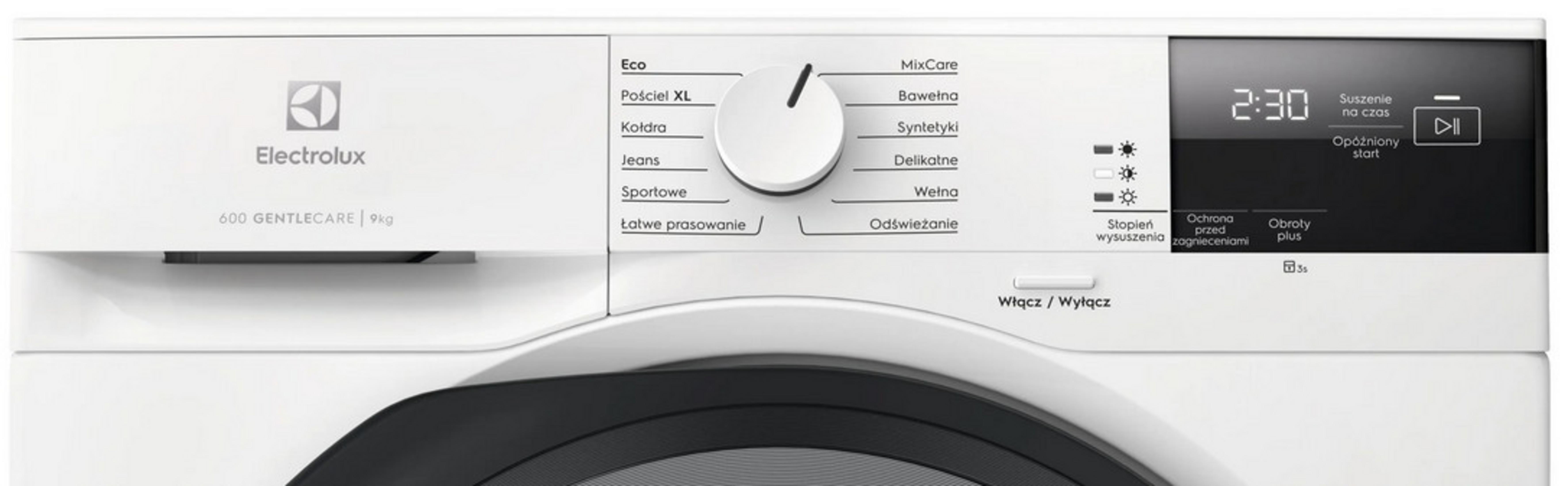 Biała suszarka Electrolux. Posiada panel sterowania z ustawieniami i wyświetlacz cyfrowy.